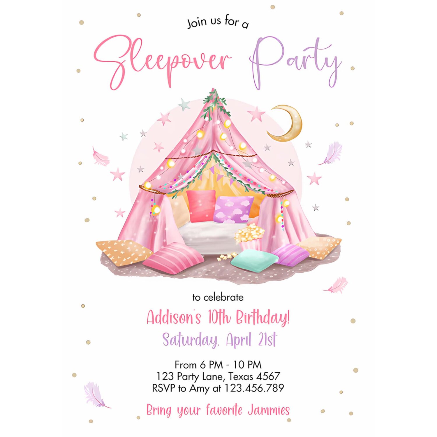 Sleepunder party birthday invitation slumber party invite pink spa tween teen glamping movie 4