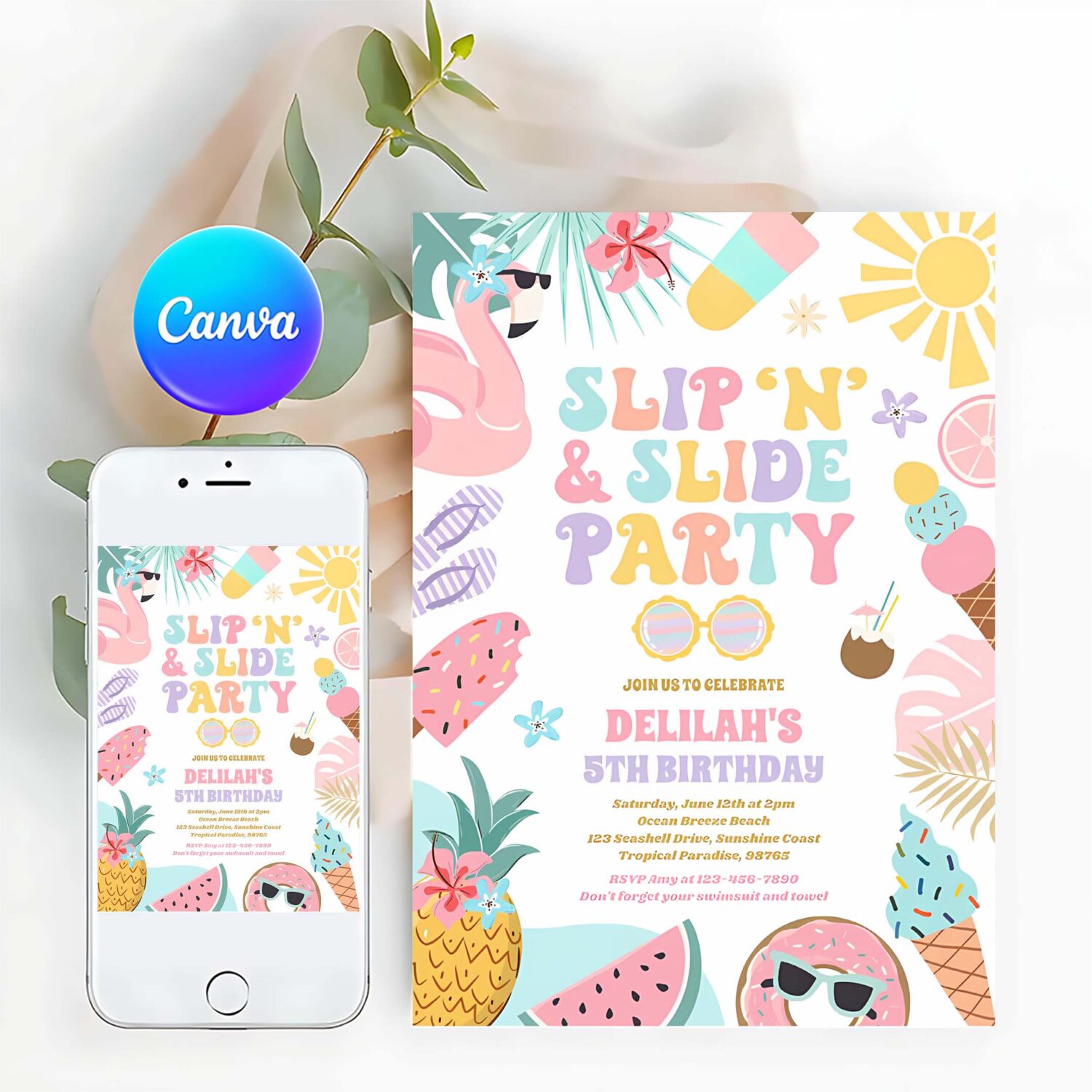 Slip n slide splash pad summer birthday party invitation d74x