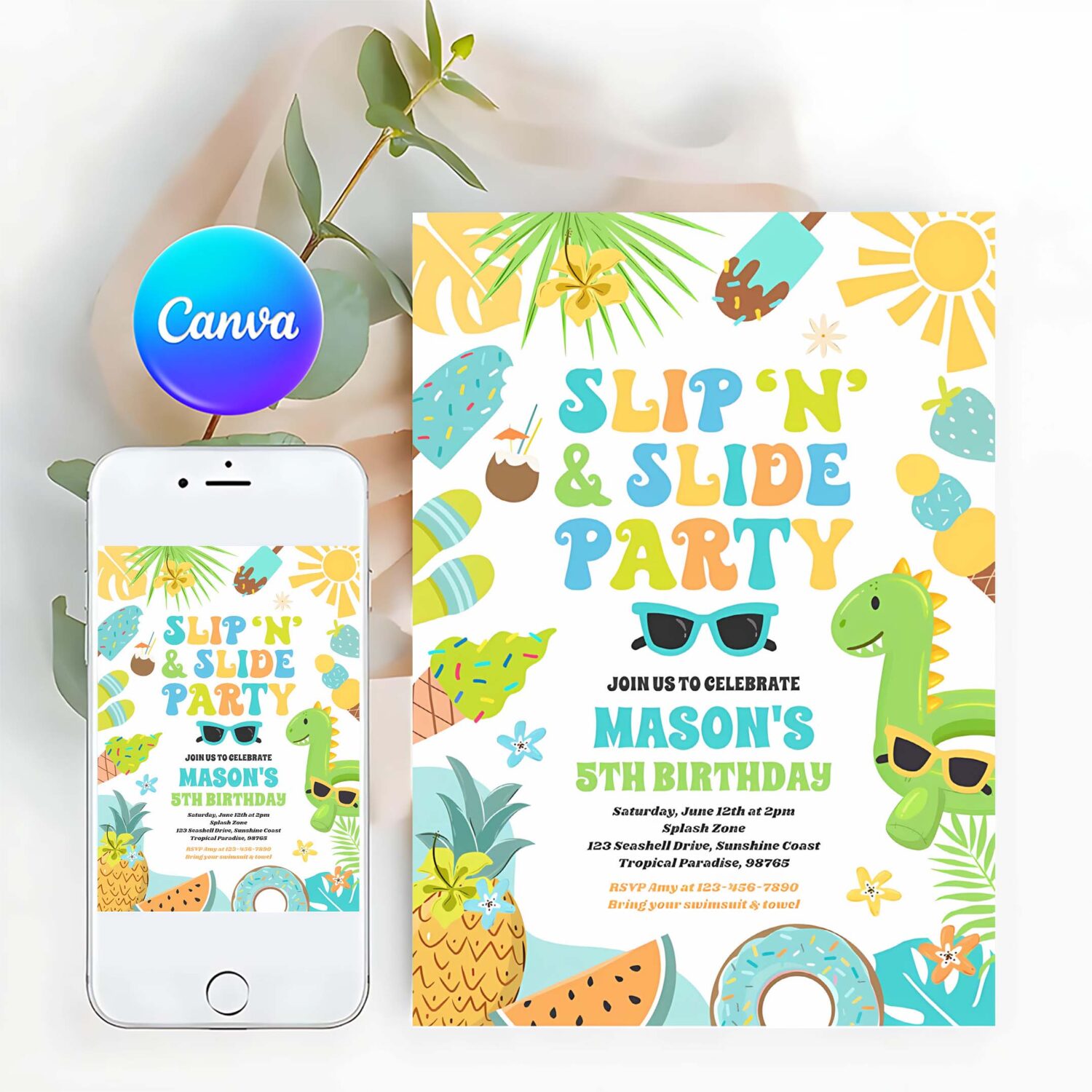 Slip n slide splash pad summer birthday party invitation i39z