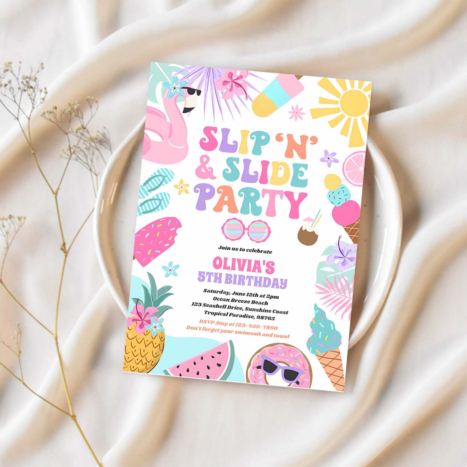 Slip n slide splash pad summer birthday party invitation m19j 1