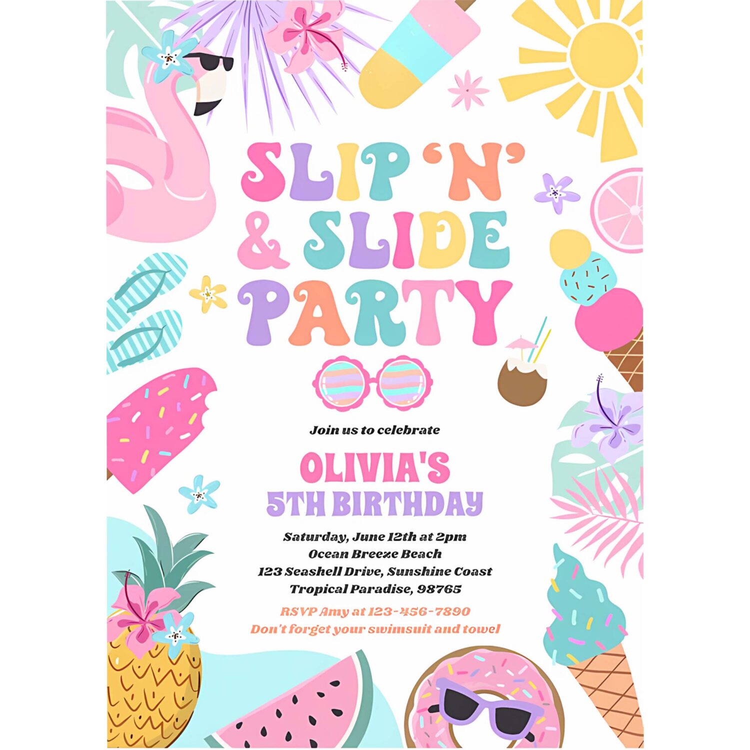 Slip n slide splash pad summer birthday party invitation m19j 4