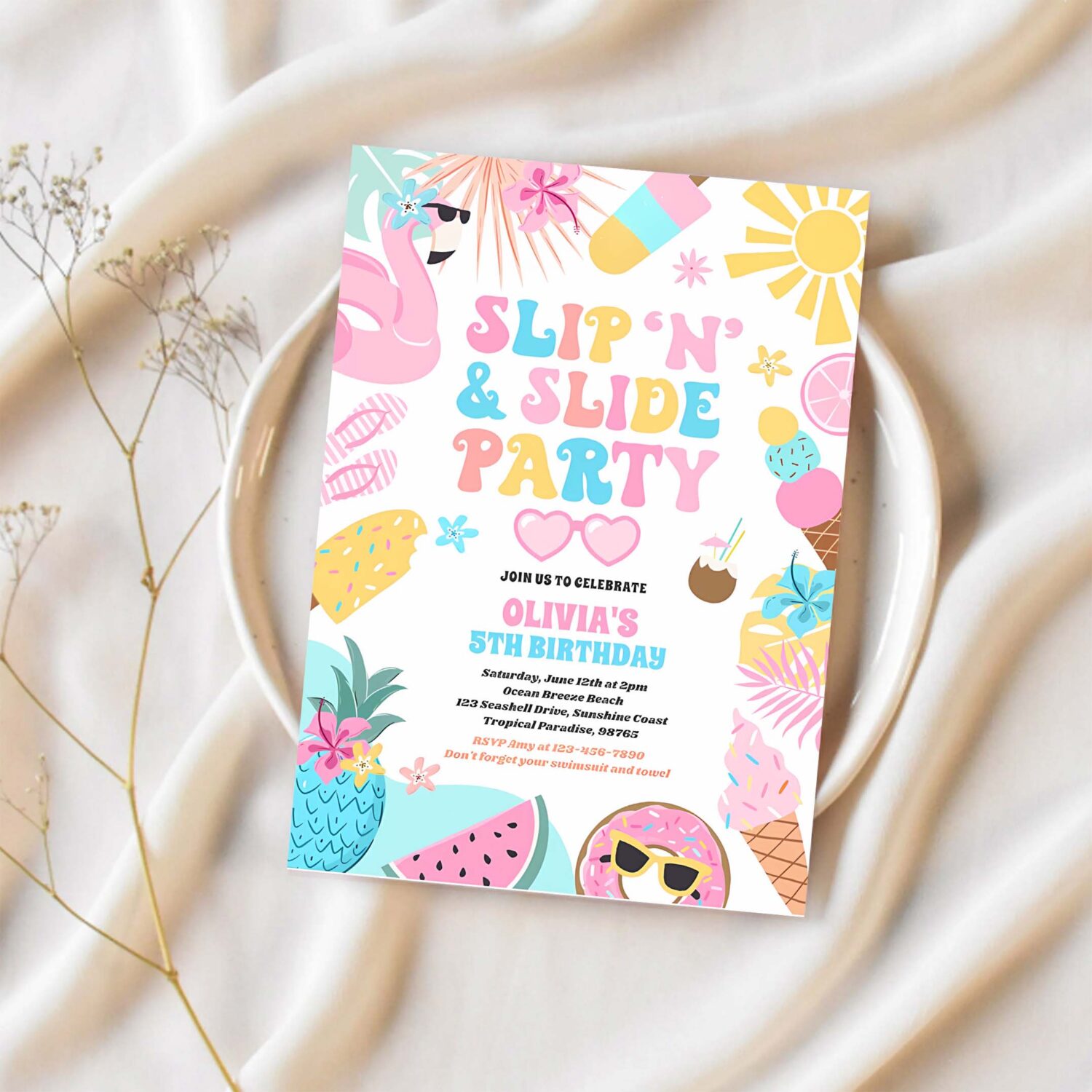 Slip n slide splash pad summer birthday party invitation x37q 1