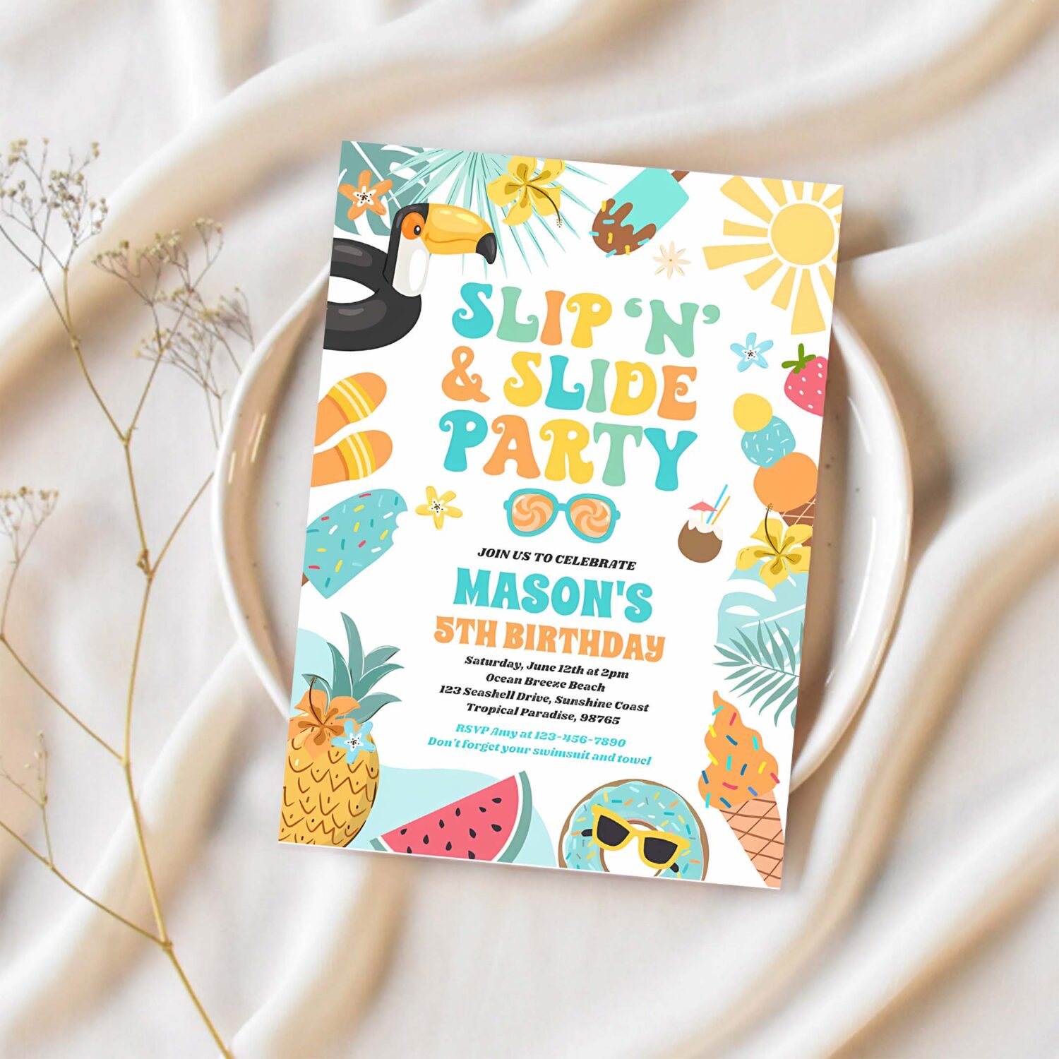 Slip n slide splash pad summer birthday party invitation t11a 1