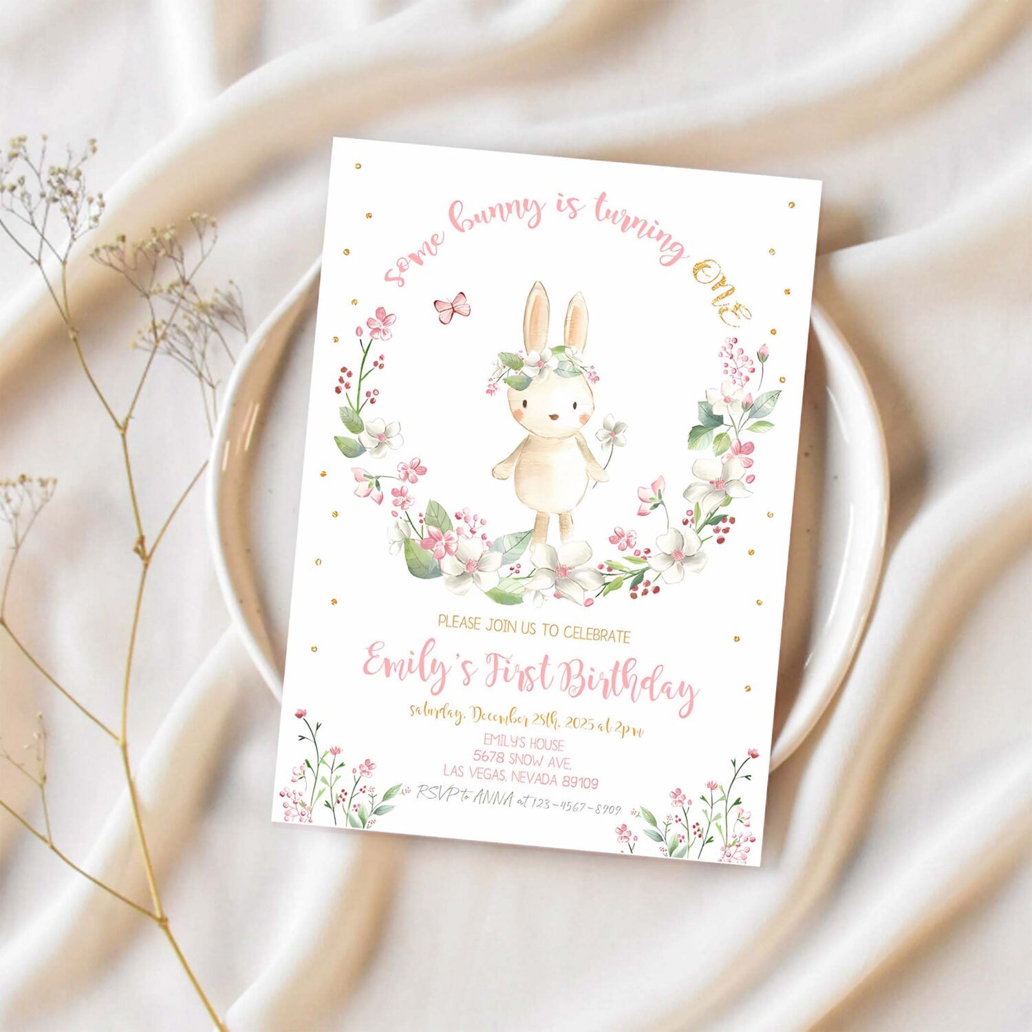 Some bunny birthday invitation party invites girl first 1st little rabbit rainbow pink gold floral spring editable digital template 1