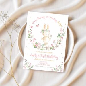 Some bunny birthday invitation party invites girl first 1st little rabbit rainbow pink gold floral spring editable digital template 1