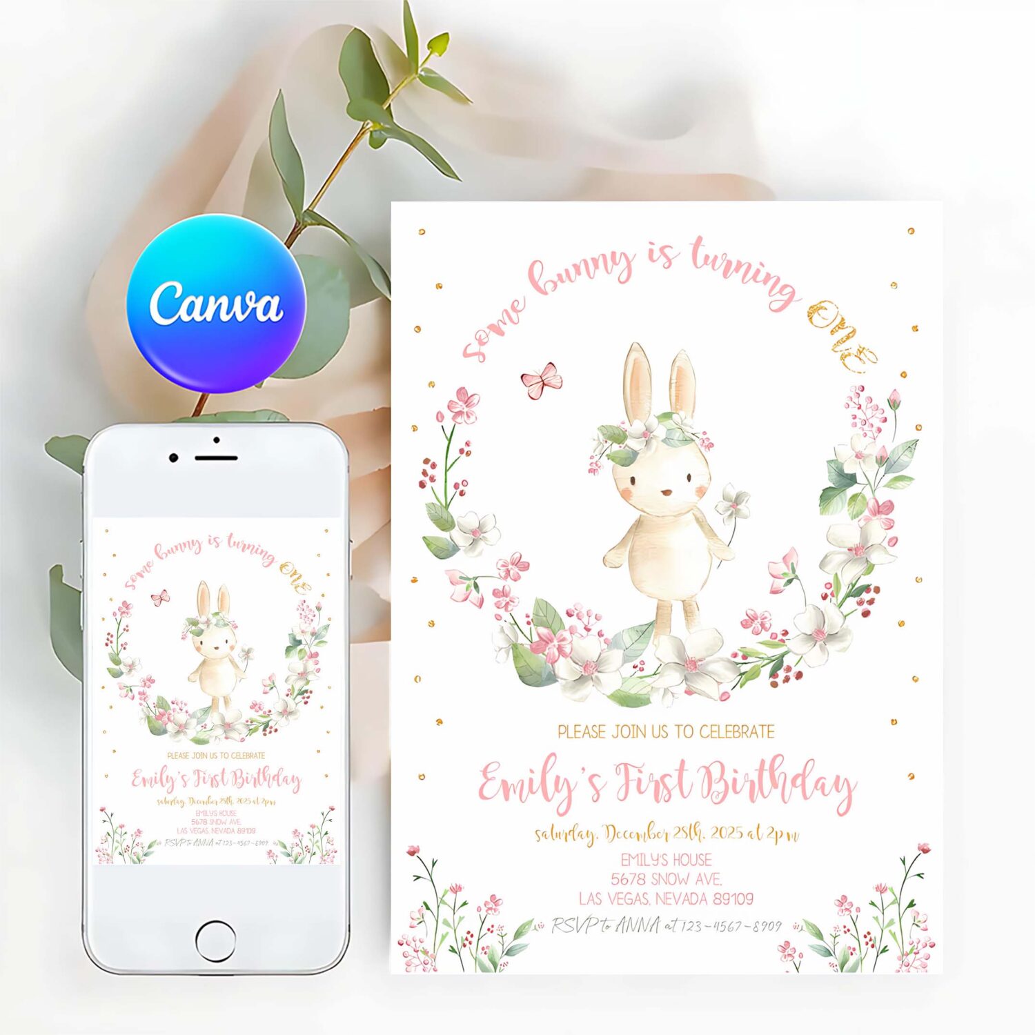 Some bunny birthday invitation party invites girl first 1st little rabbit rainbow pink gold floral spring editable digital template