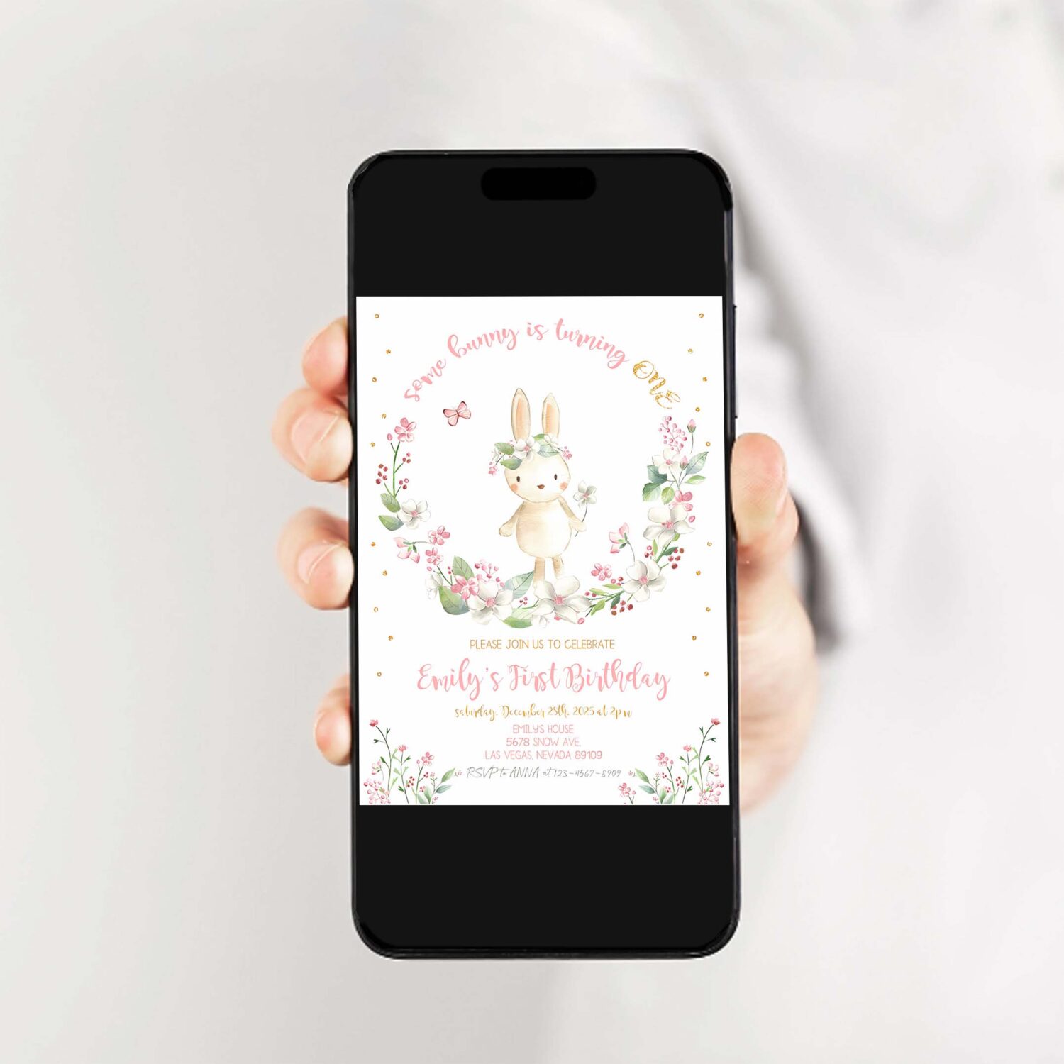 Some bunny birthday invitation party invites girl first 1st little rabbit rainbow pink gold floral spring editable digital template 2