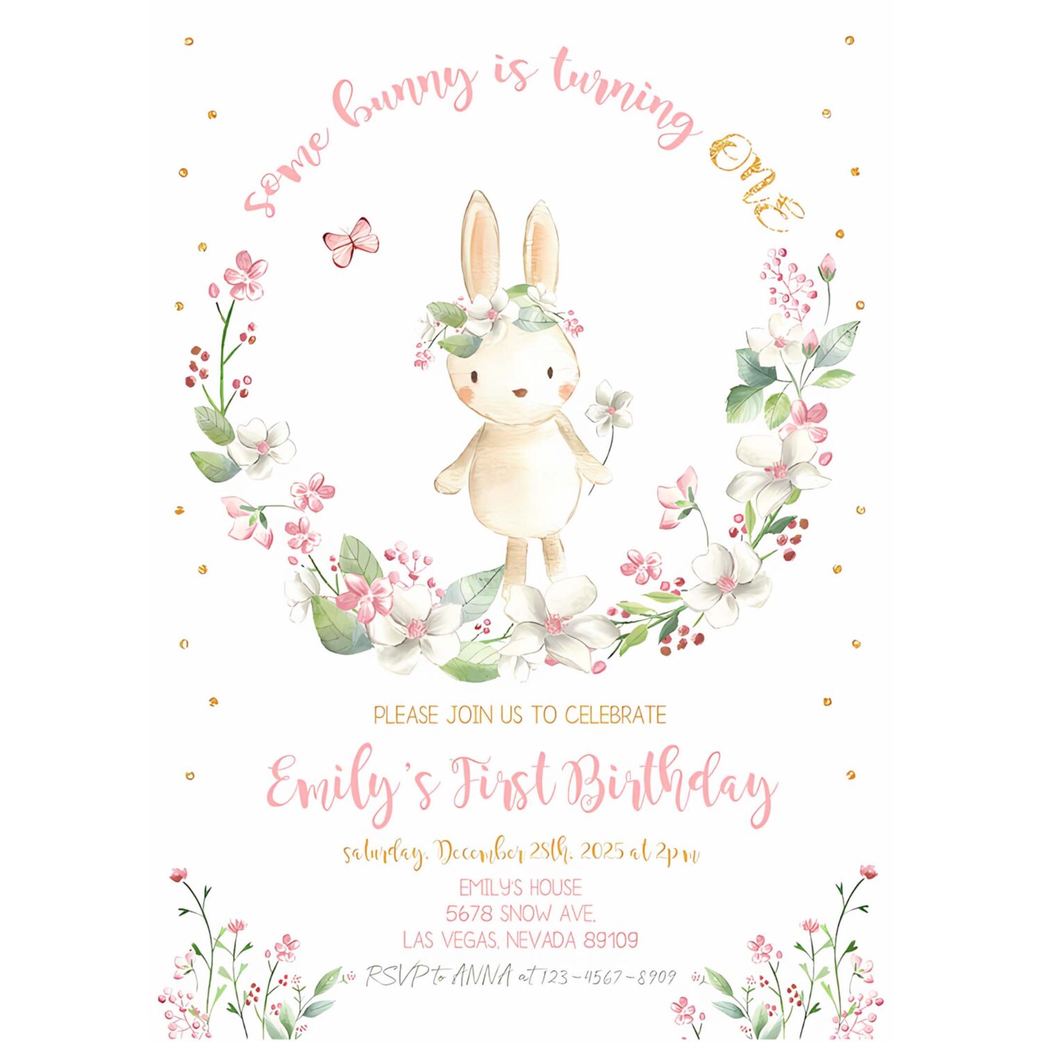Some bunny birthday invitation party invites girl first 1st little rabbit rainbow pink gold floral spring editable digital template 4