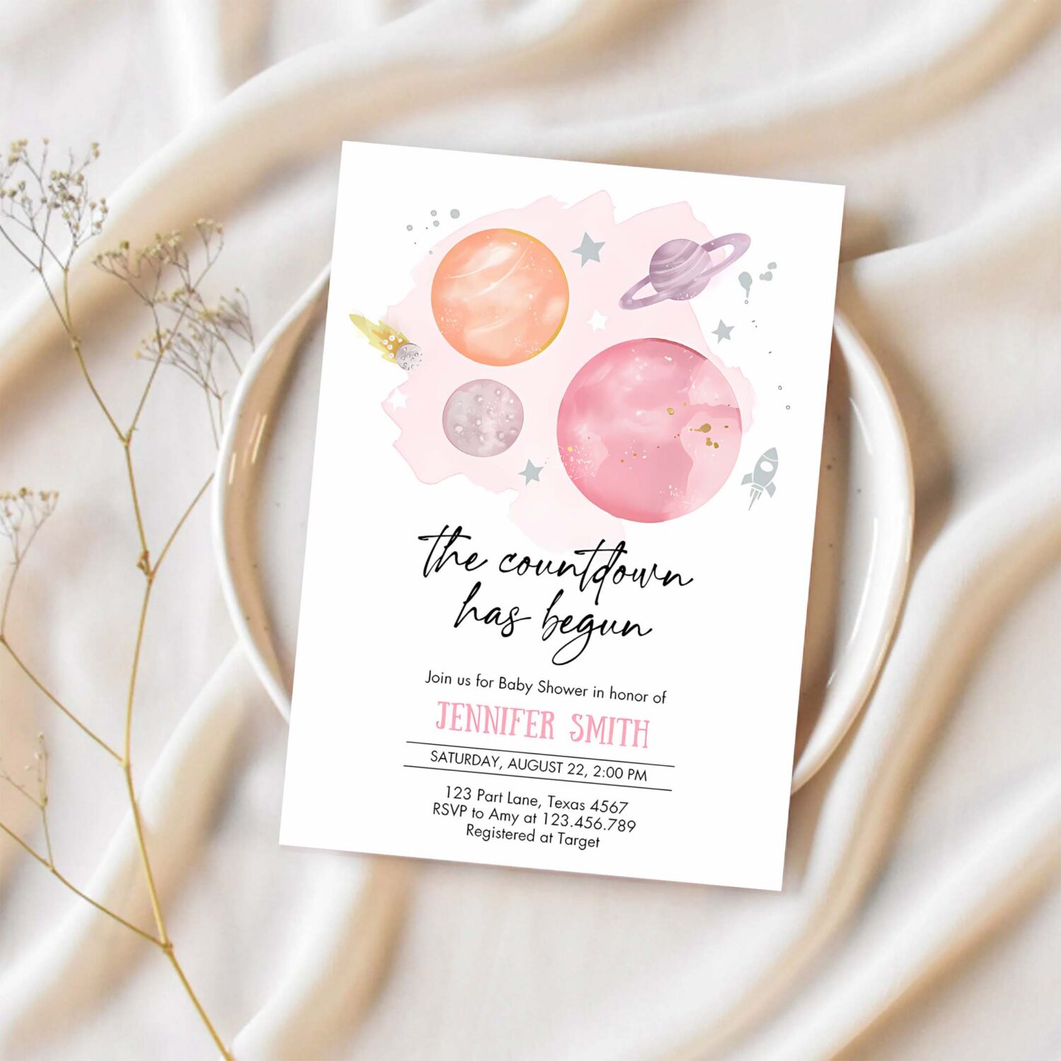 Space baby shower invitation galaxy outer space orange girl pink planets moon countdown 1