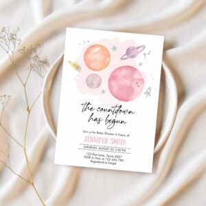 Space baby shower invitation galaxy outer space orange girl pink planets moon countdown 1