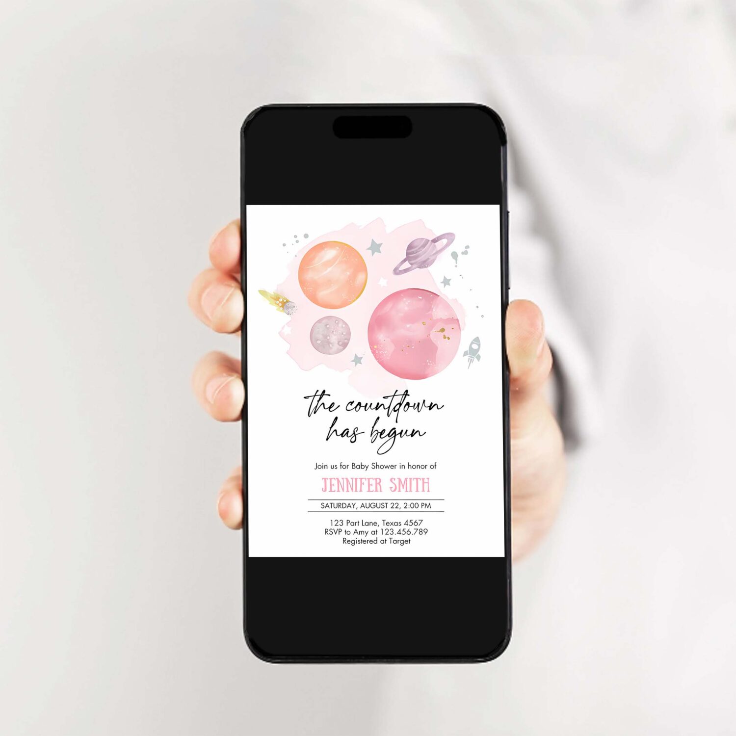 Space baby shower invitation galaxy outer space orange girl pink planets moon countdown 2