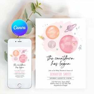 Outer Space Invitation, Space Baby Shower Invitation, Galaxy Outer Space Orange Girl Pink Planets Moon Countdown