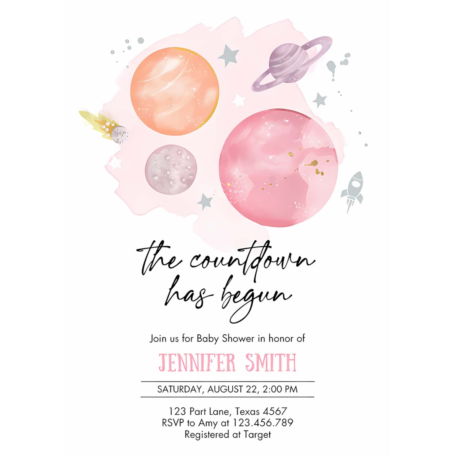 Space baby shower invitation galaxy outer space orange girl pink planets moon countdown 4