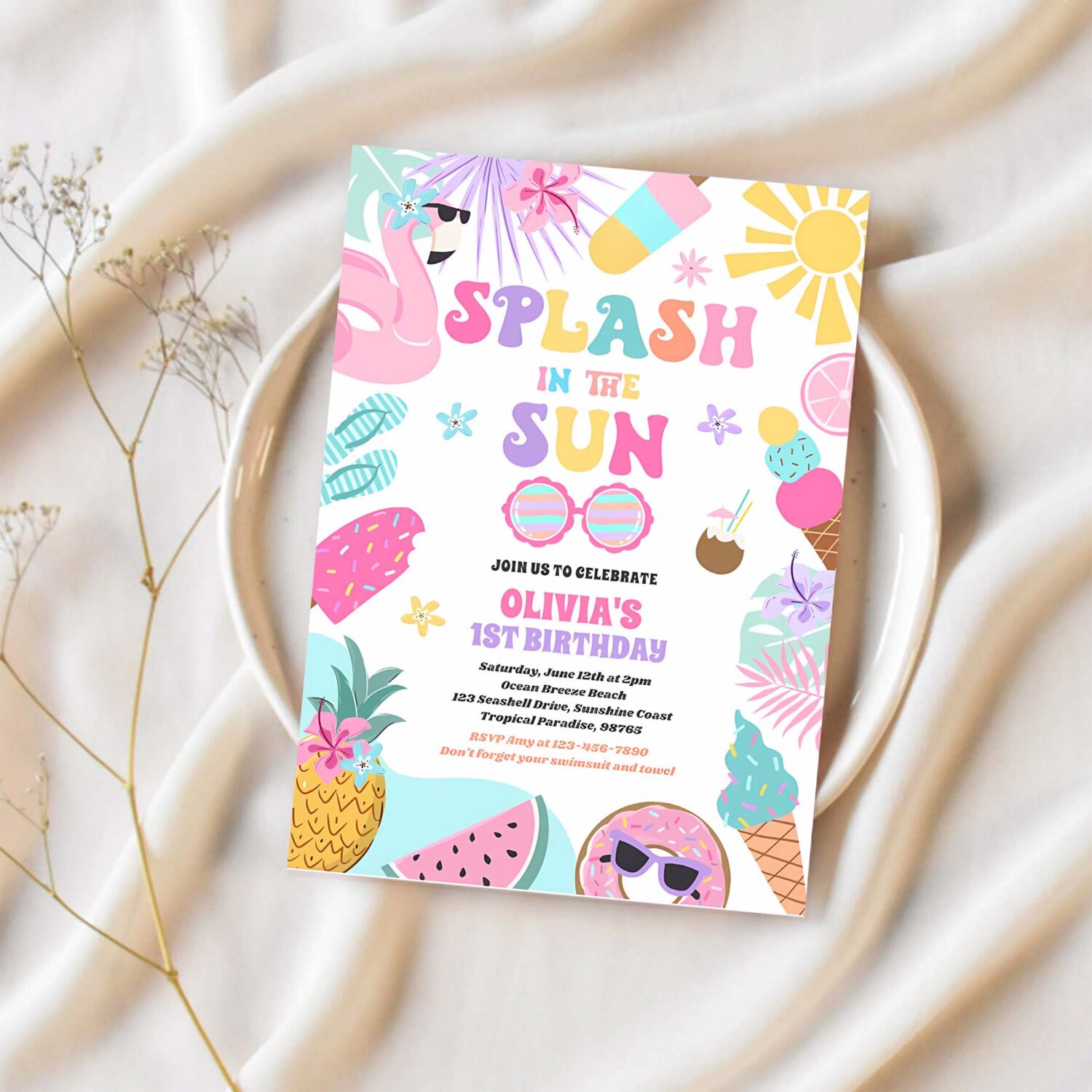 Splash in the sun tropical beach birthday party invitation v44y 1