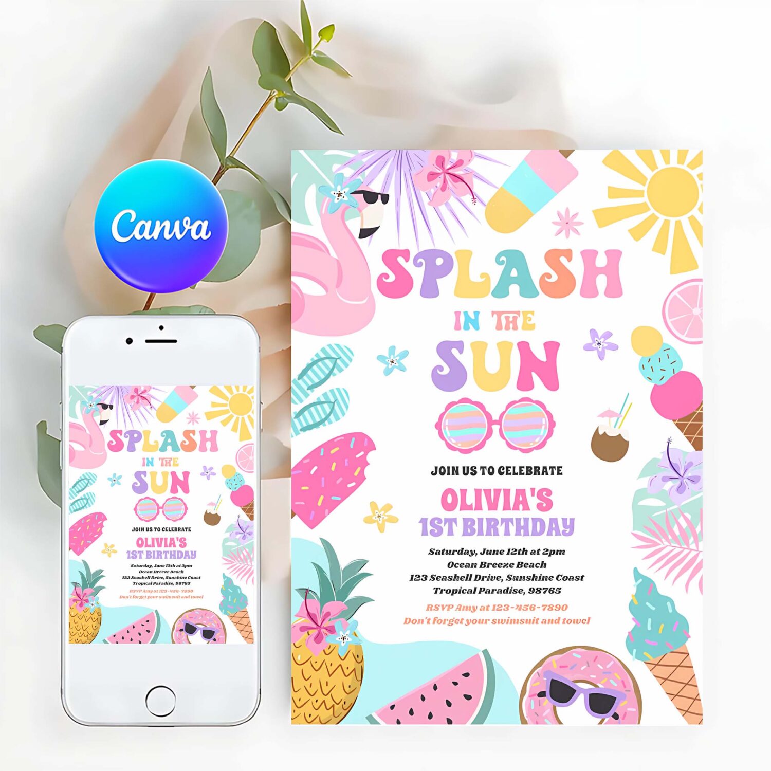 Splash in the sun tropical beach birthday party invitation v44y