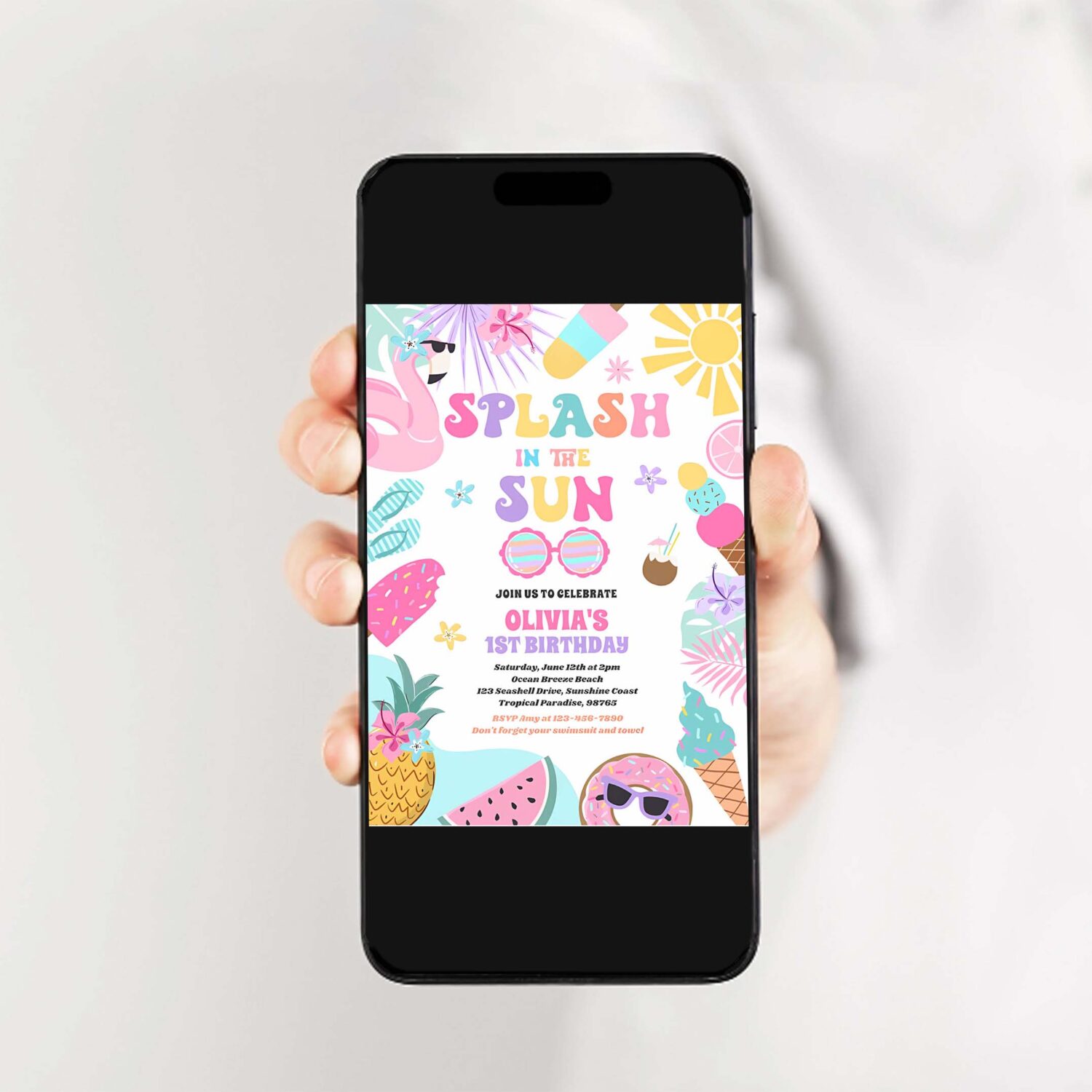 Splash in the sun tropical beach birthday party invitation v44y 2