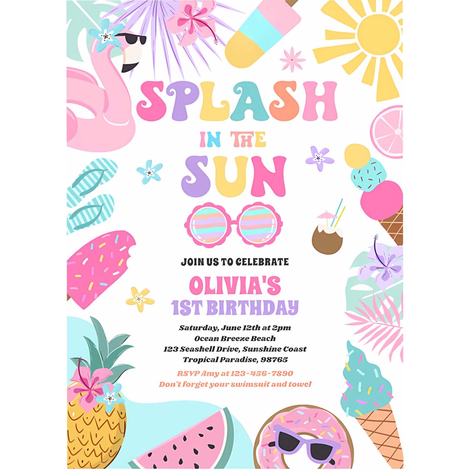 Splash in the sun tropical beach birthday party invitation v44y 4