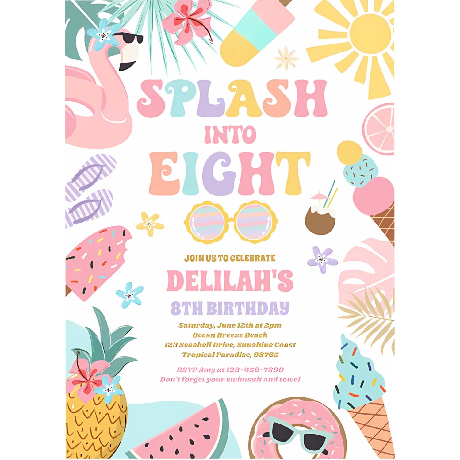 Splash into eight tropical beach 8th birthday invitation p10r 4
