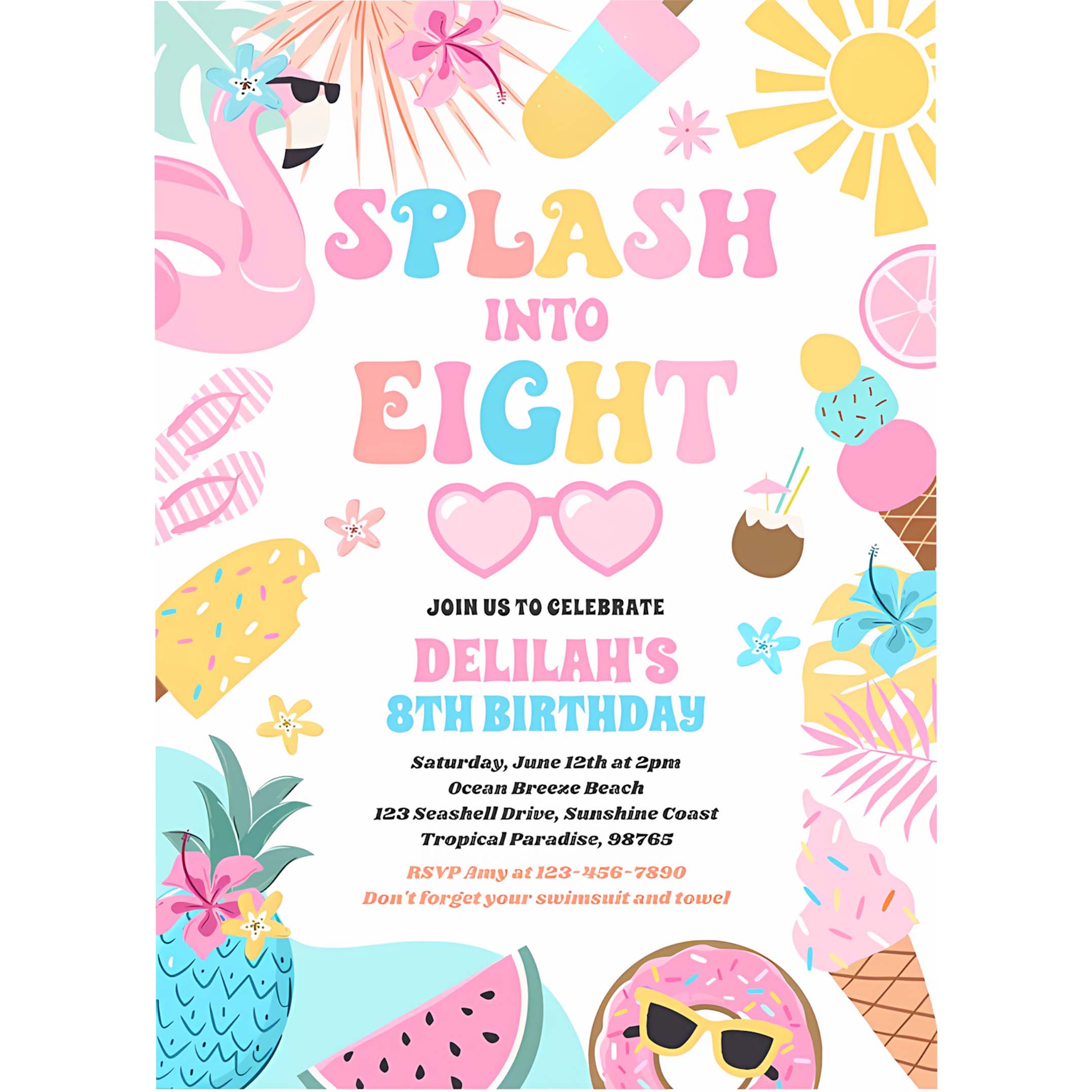 Splash Into Eight Tropical Beach 8Th Birthday Invitation V51U