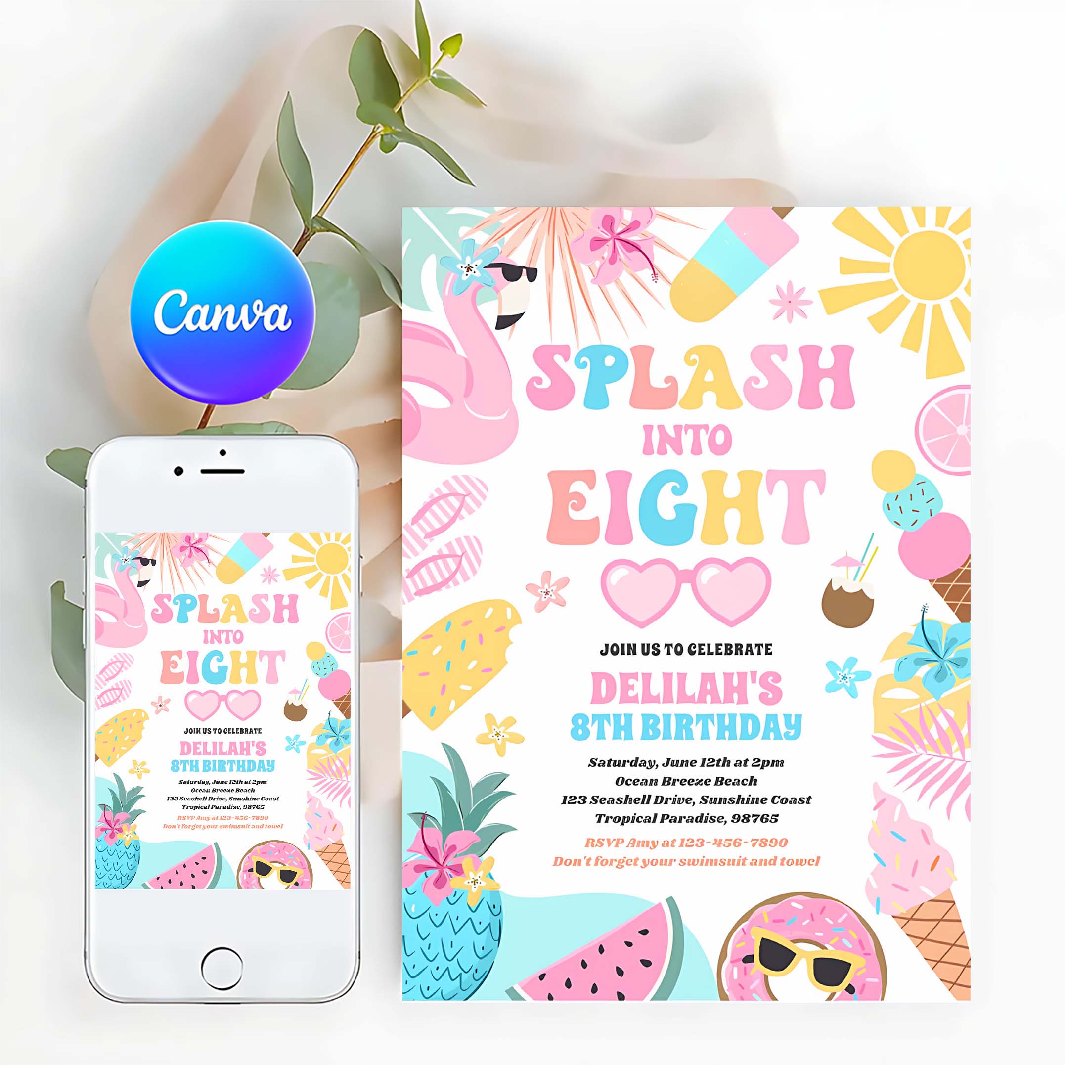 Splash Into Eight Tropical Beach 8Th Birthday Invitation V51U