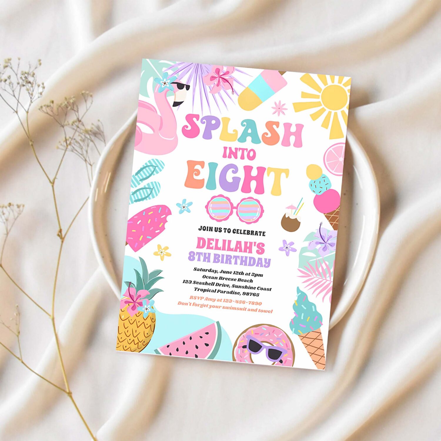 Splash into eight tropical beach 8th birthday invitation y32t 1