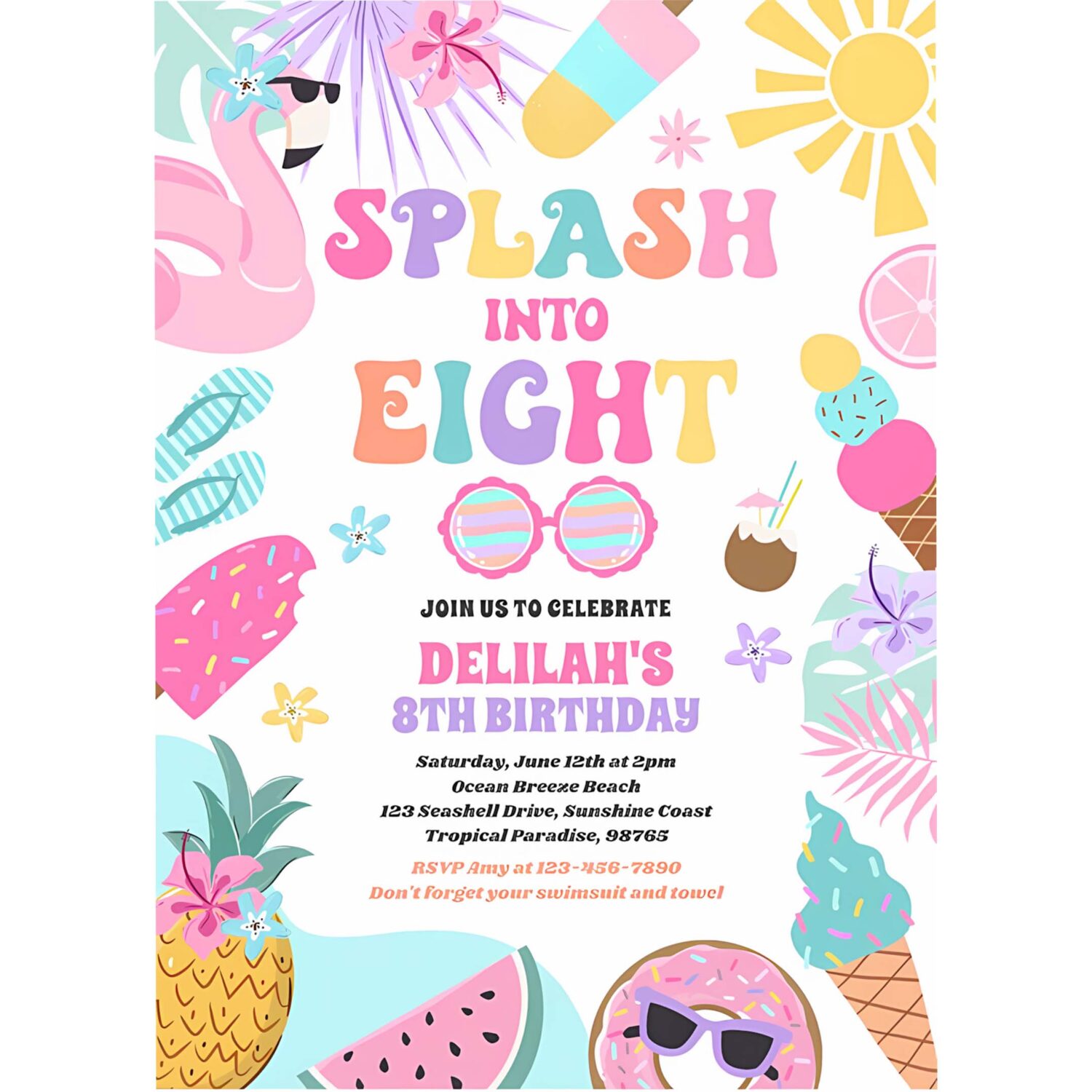 Splash into eight tropical beach 8th birthday invitation y32t 4