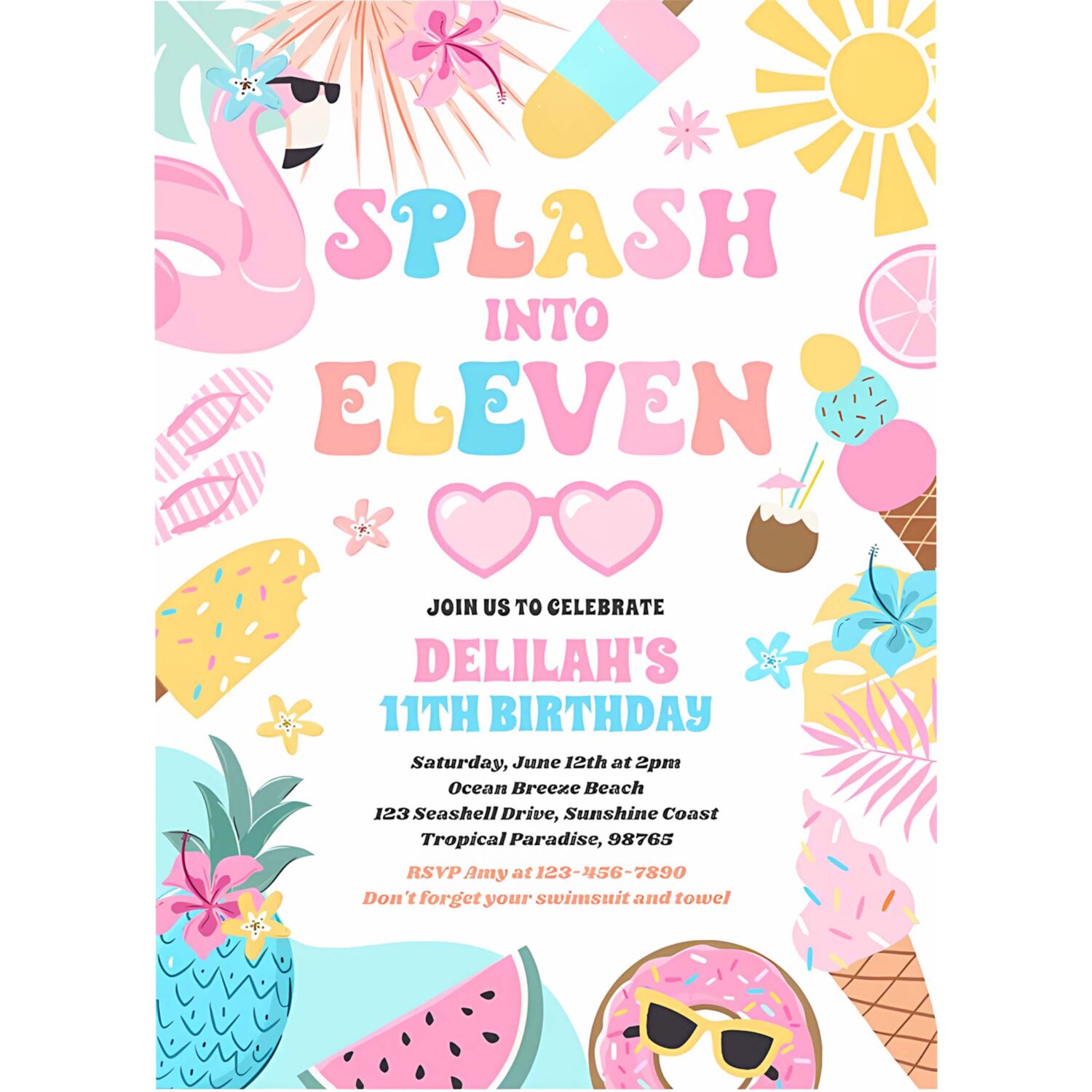 Splash into eleven tropical beach 11th birthday invitation h32v 4