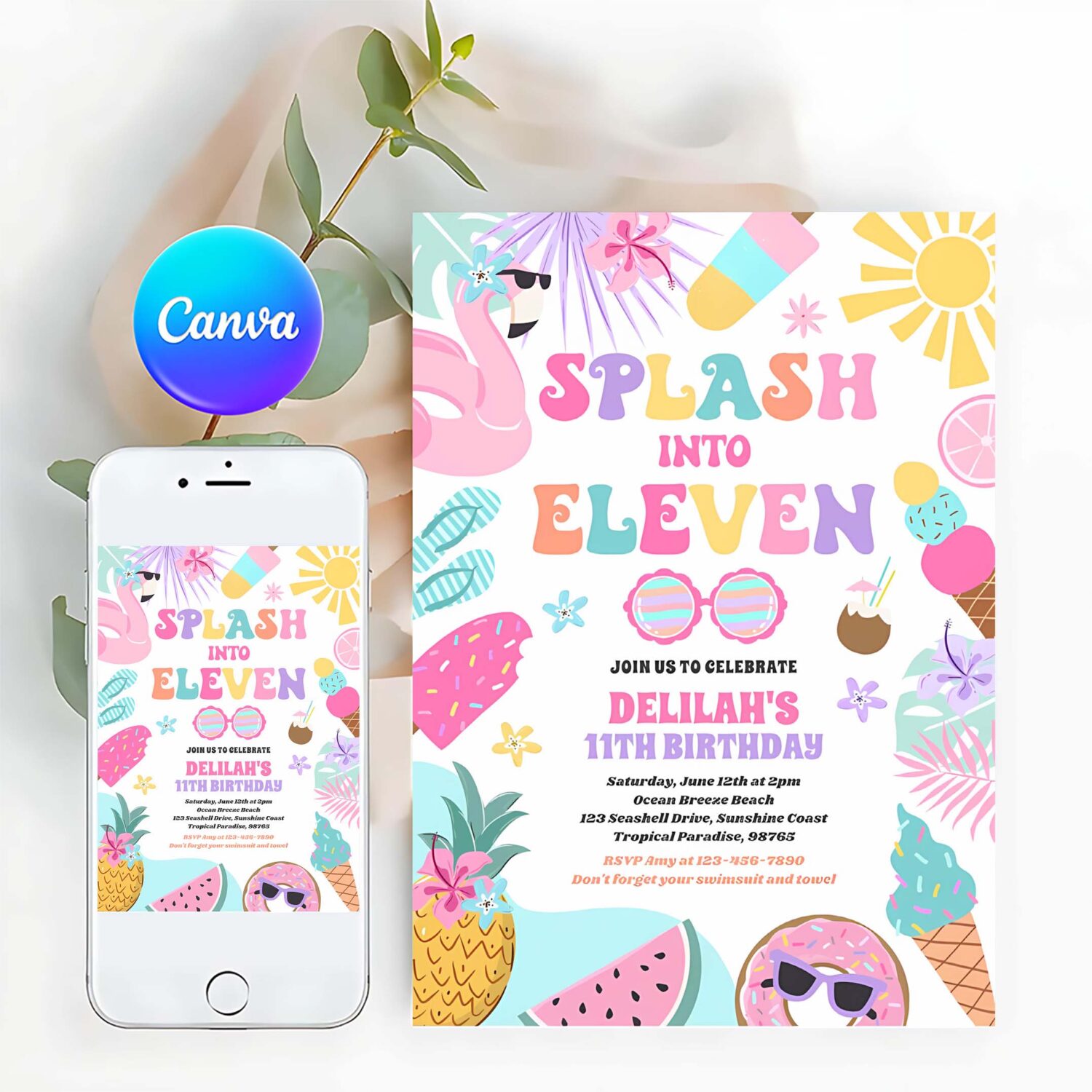 Splash into eleven tropical beach 11th birthday invitation v50e