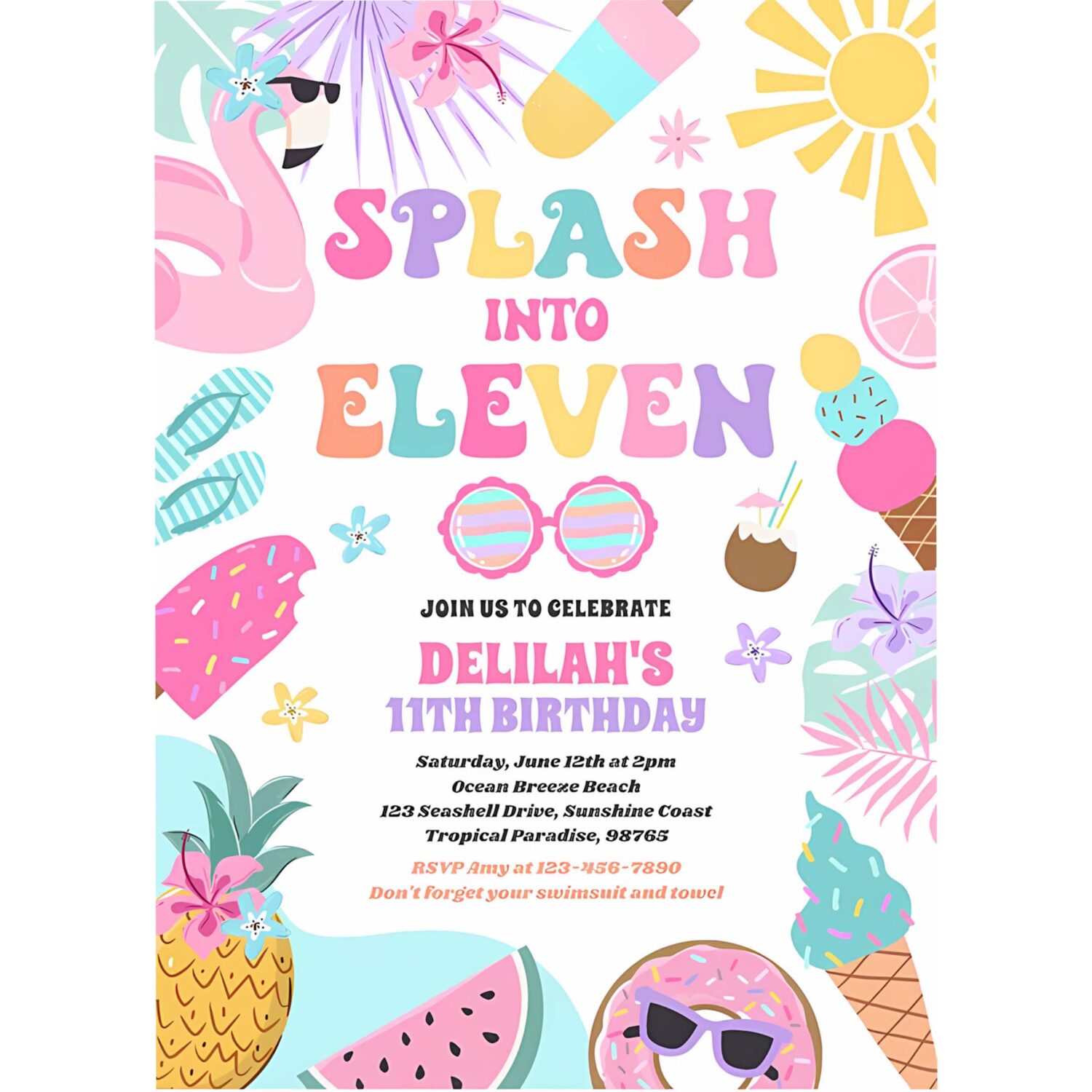 Splash into eleven tropical beach 11th birthday invitation v50e 4