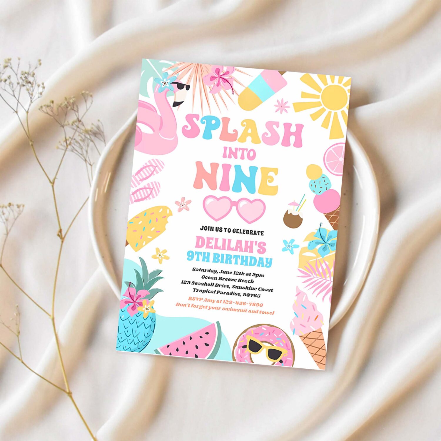 Splash into nine tropical beach 9th birthday party invitation n71s 1