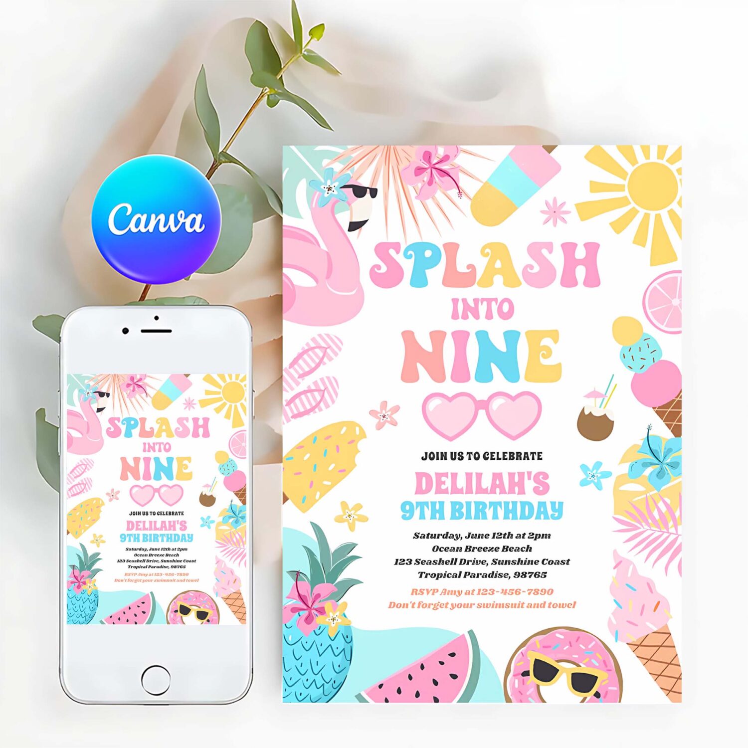 Splash into nine tropical beach 9th birthday party invitation n71s