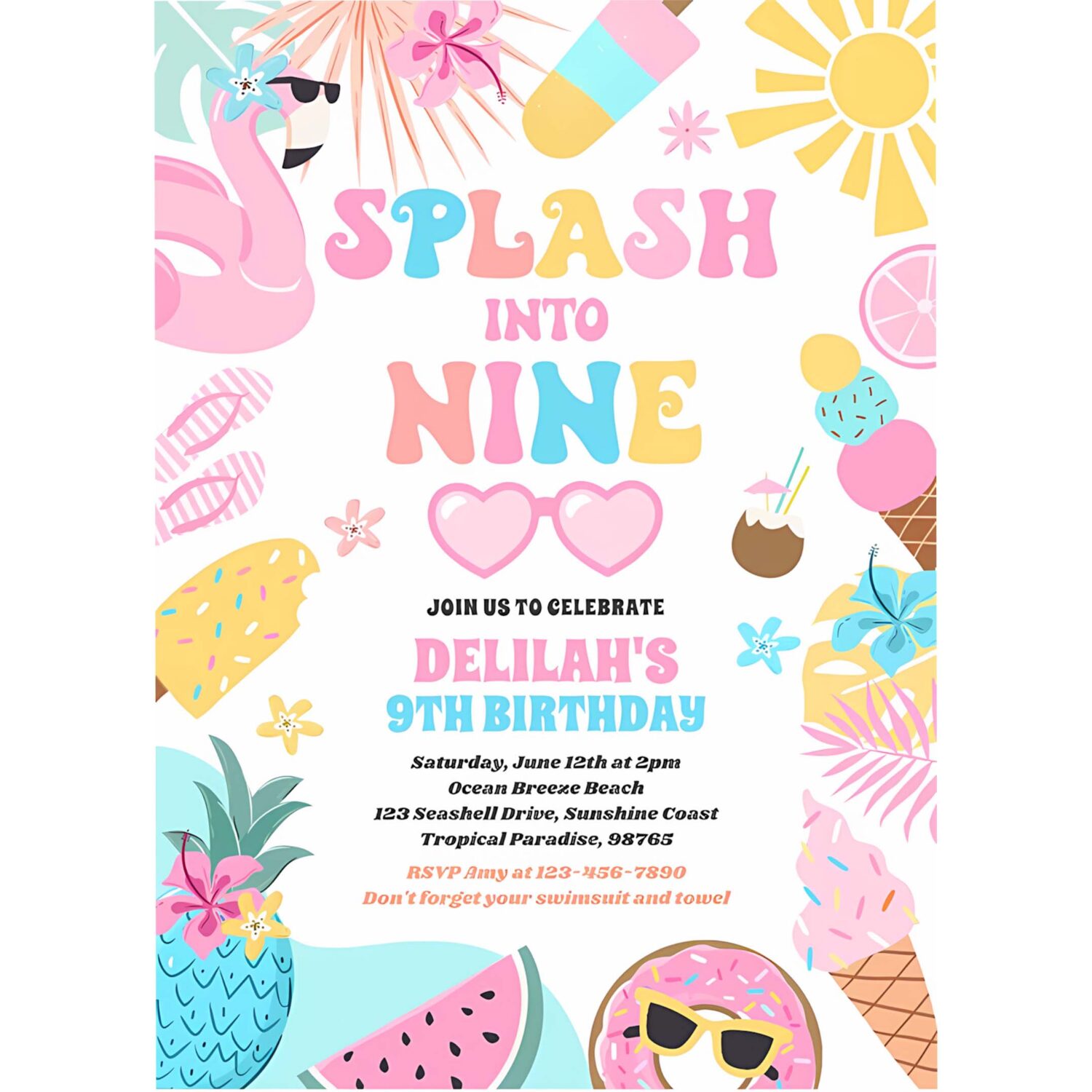 Splash into nine tropical beach 9th birthday party invitation n71s 4