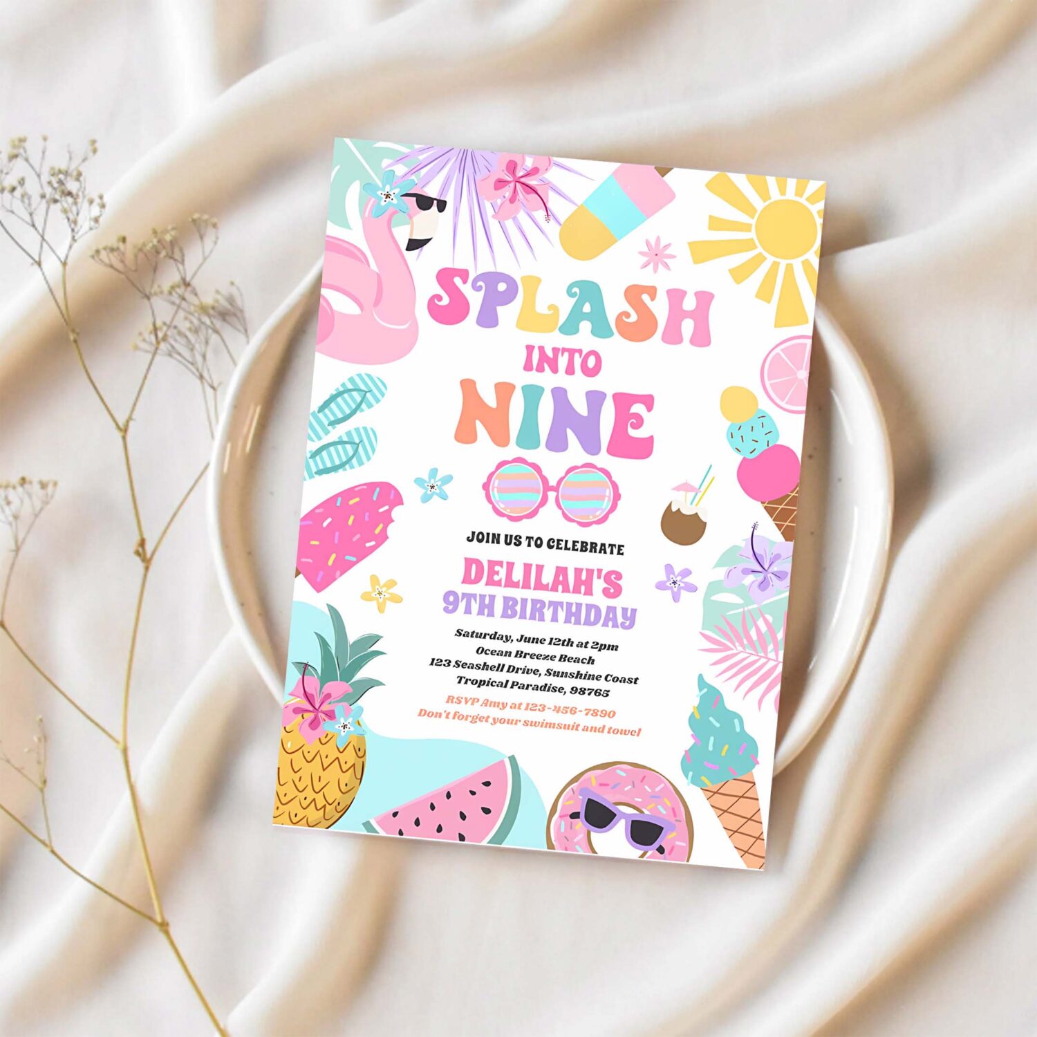 Splash into nine tropical beach 9th birthday party invitation p52s 1