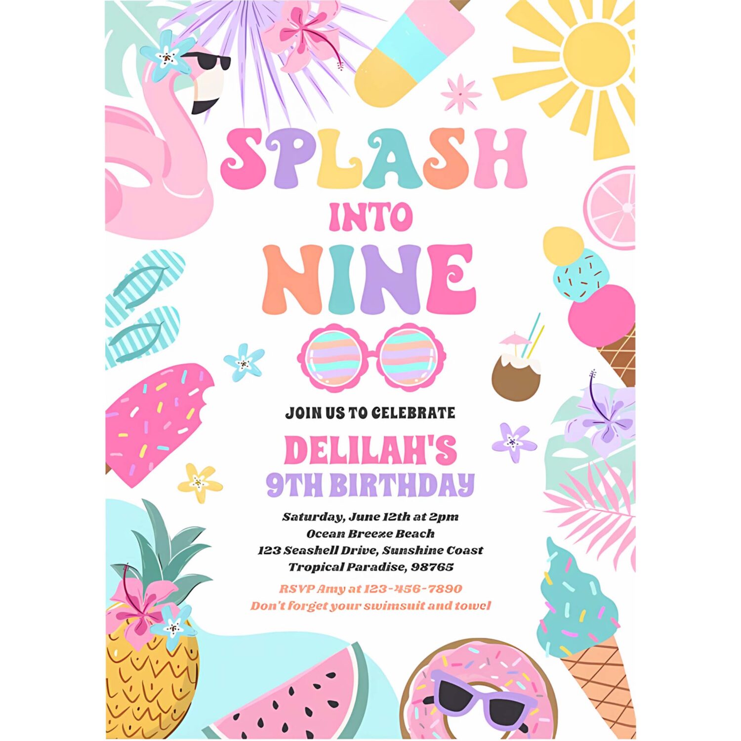 Splash into nine tropical beach 9th birthday party invitation p52s 4