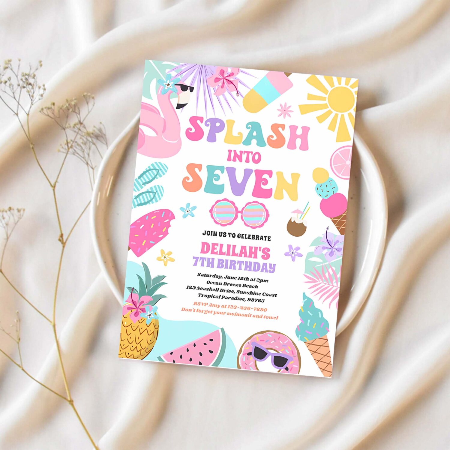 Splash into seven tropical beach 7th birthday invitation c23v 1