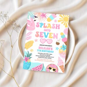 Splash into seven tropical beach 7th birthday invitation i47a 1