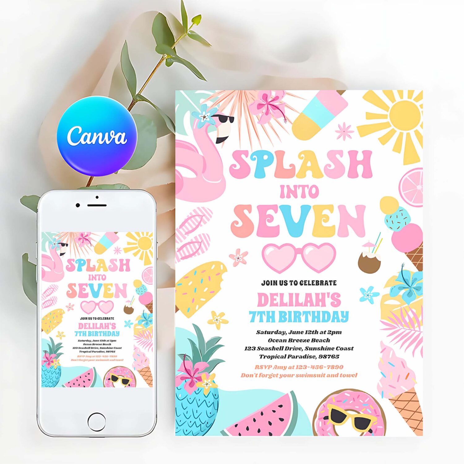 Splash into seven tropical beach 7th birthday invitation i47a