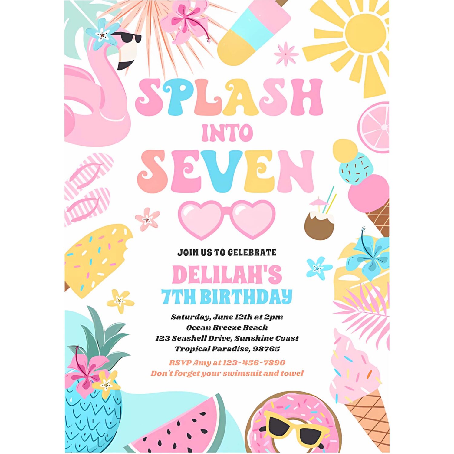 Splash into seven tropical beach 7th birthday invitation i47a 4