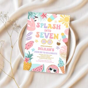 Splash into seven tropical beach 7th birthday invitation o43c 1