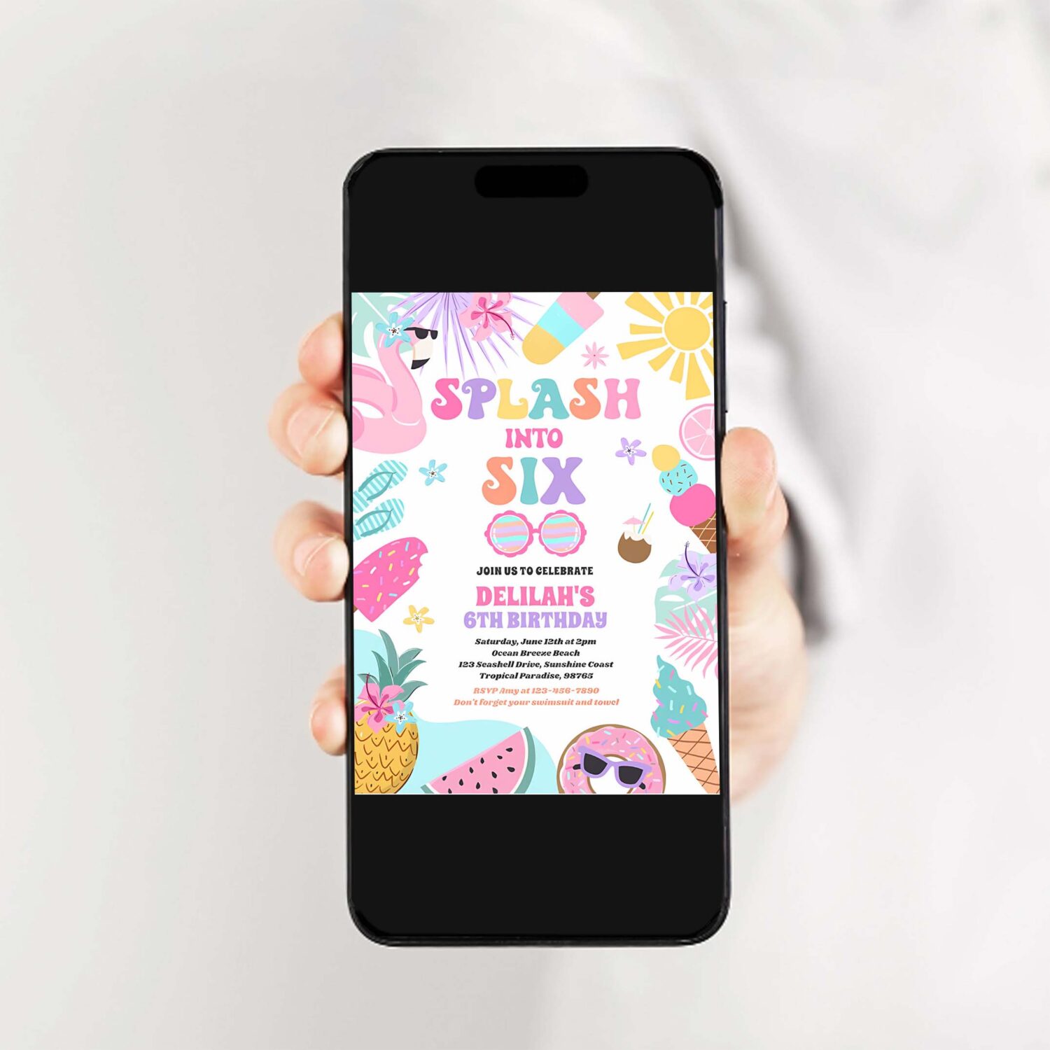 Splash into six tropical beach 6th birthday party invitation s61s 2