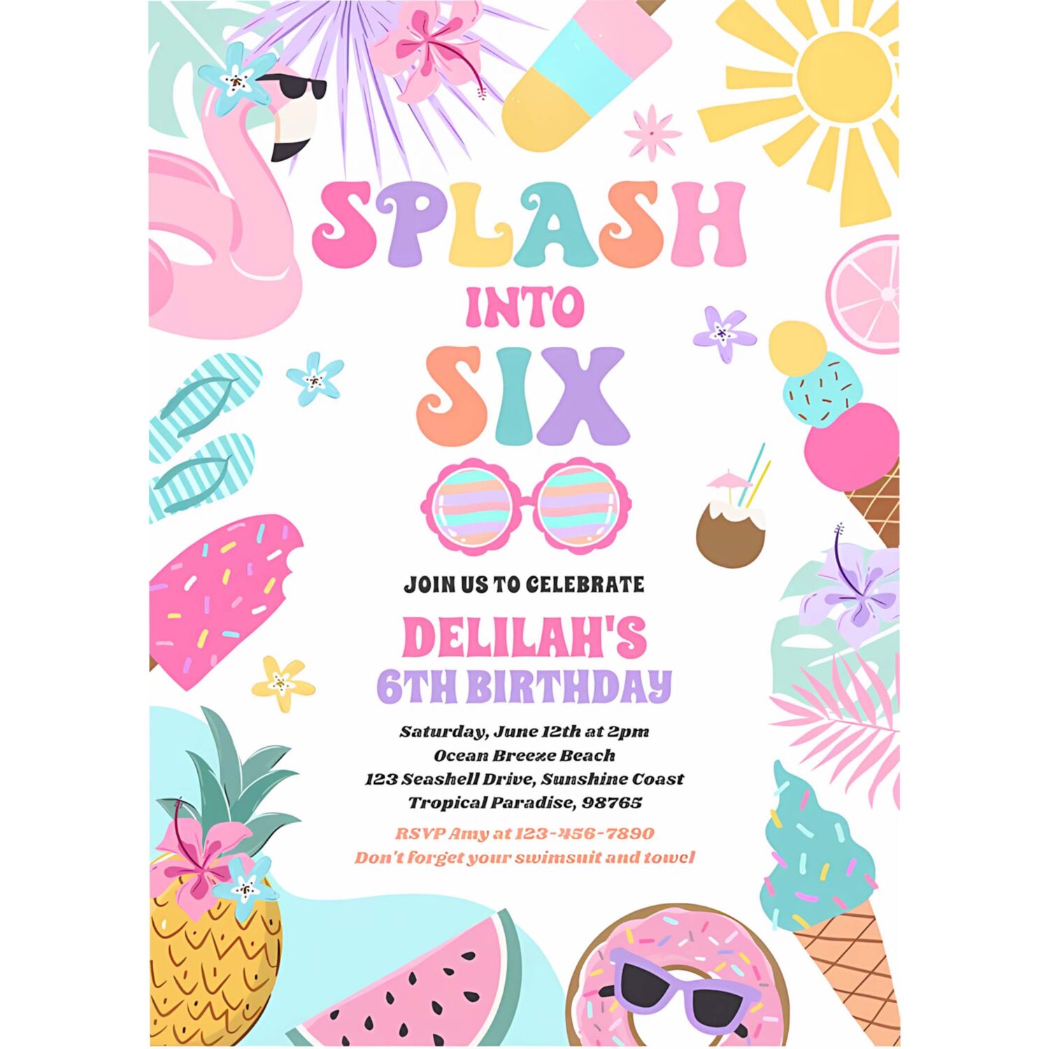 Splash into six tropical beach 6th birthday party invitation s61s 4