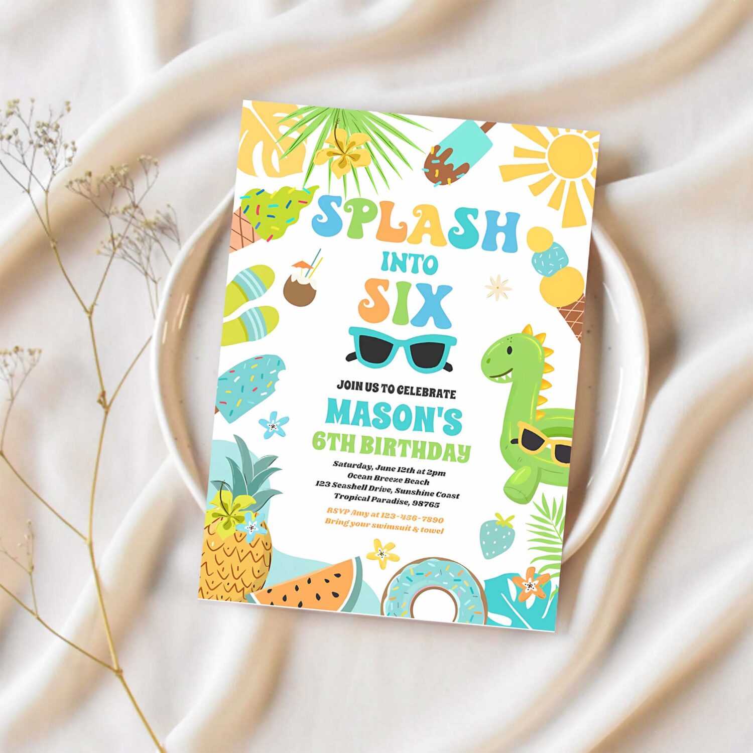 Splash into six tropical beach 6th birthday party invitation w69g 1