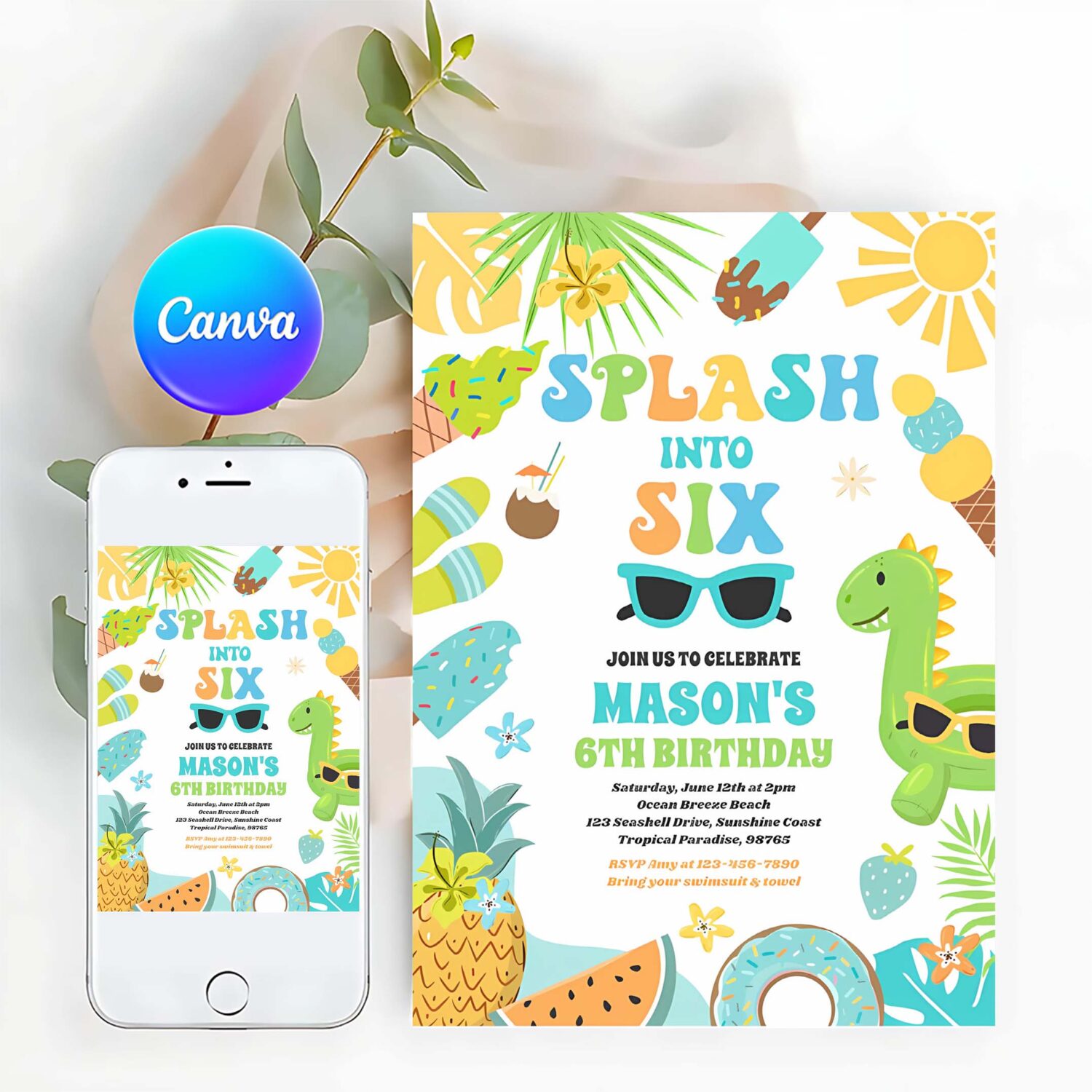 Splash into six tropical beach 6th birthday party invitation w69g