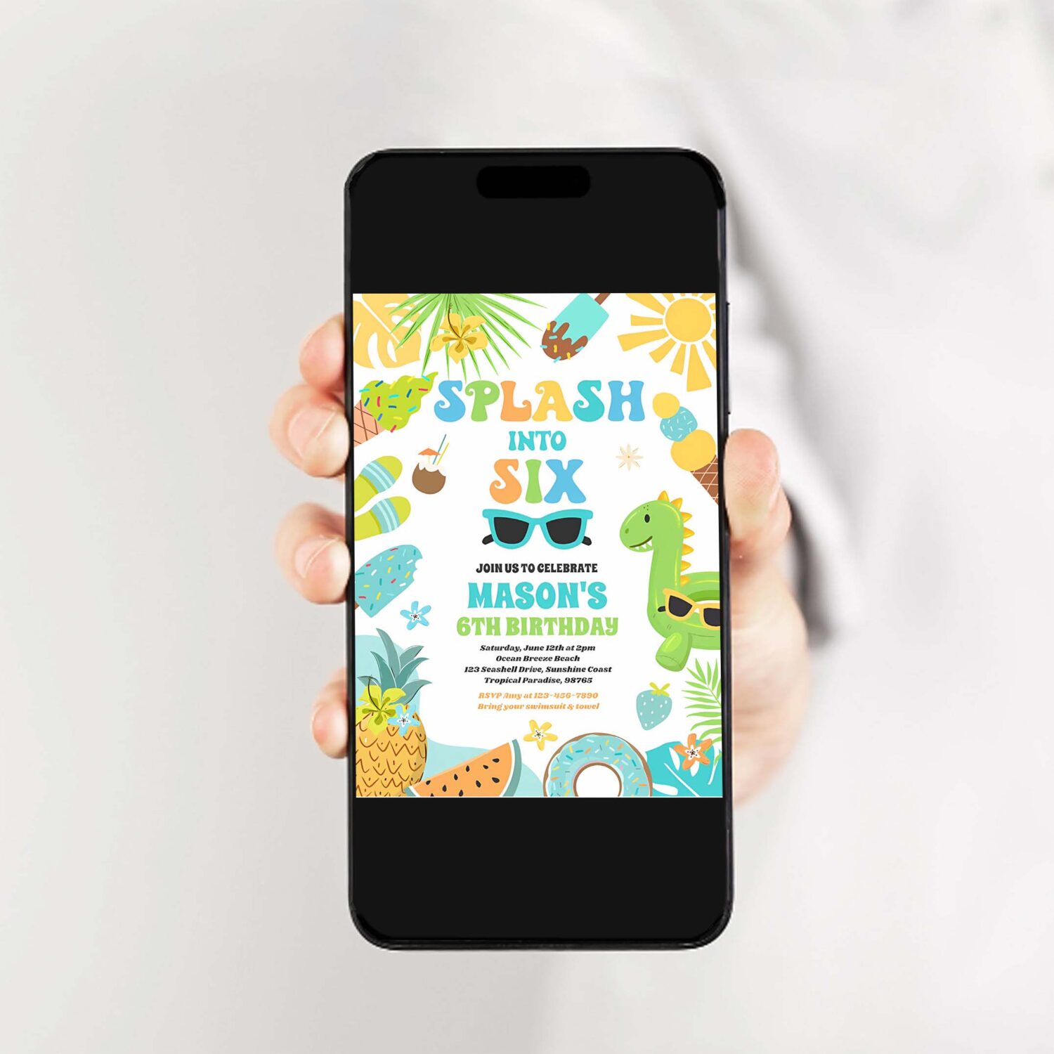 Splash into six tropical beach 6th birthday party invitation w69g 2