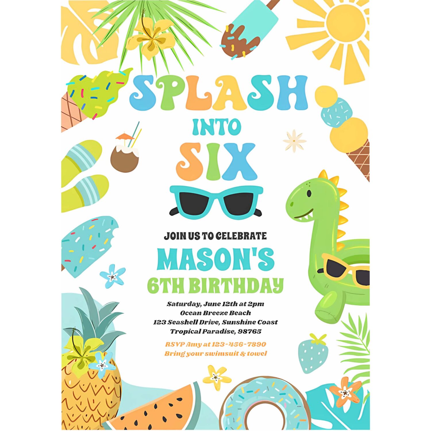 Splash into six tropical beach 6th birthday party invitation w69g 4