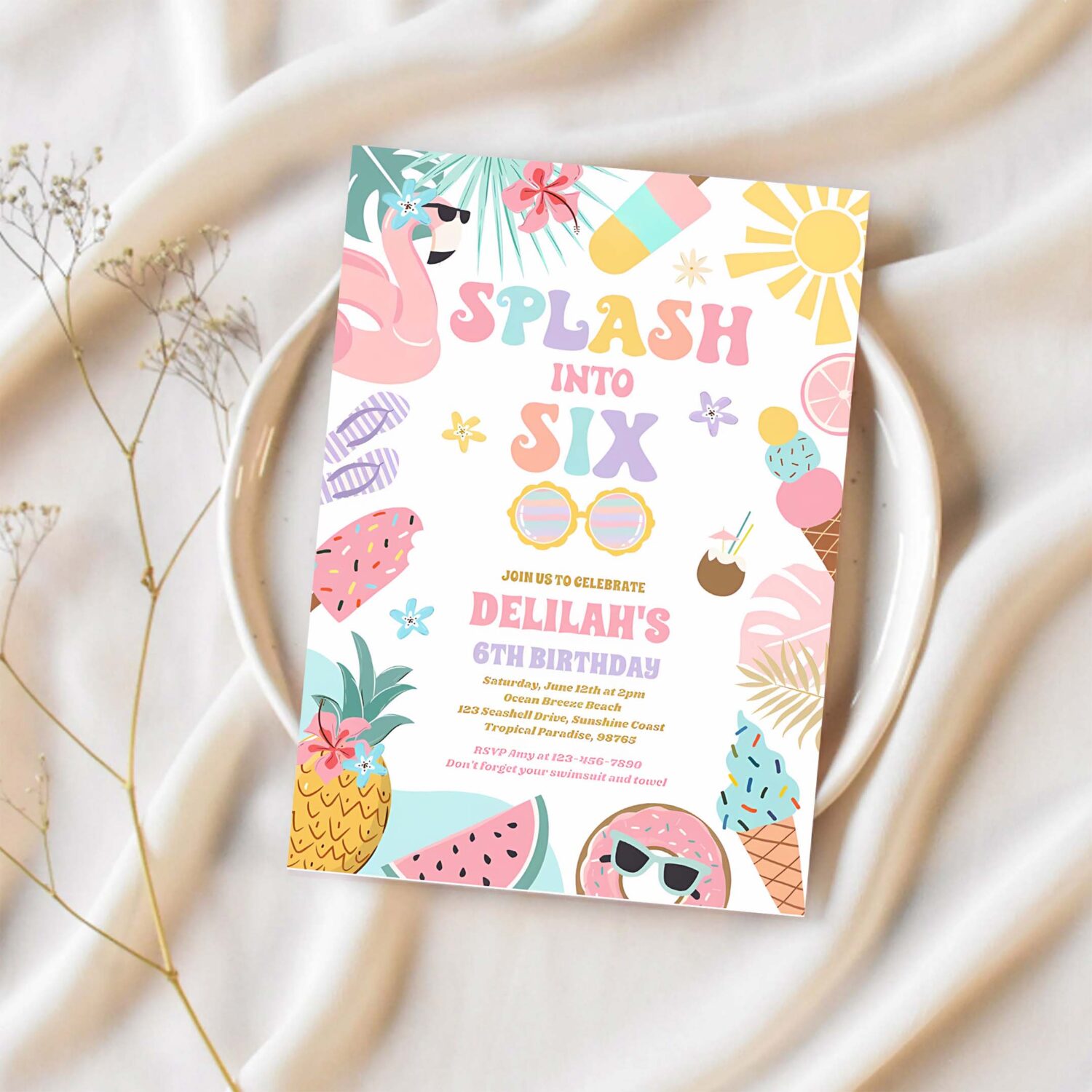 Splash into six tropical beach 6th birthday party invitation y28q 1