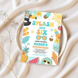 Splash into six tropical beach 6th birthday party invitation j89j 1