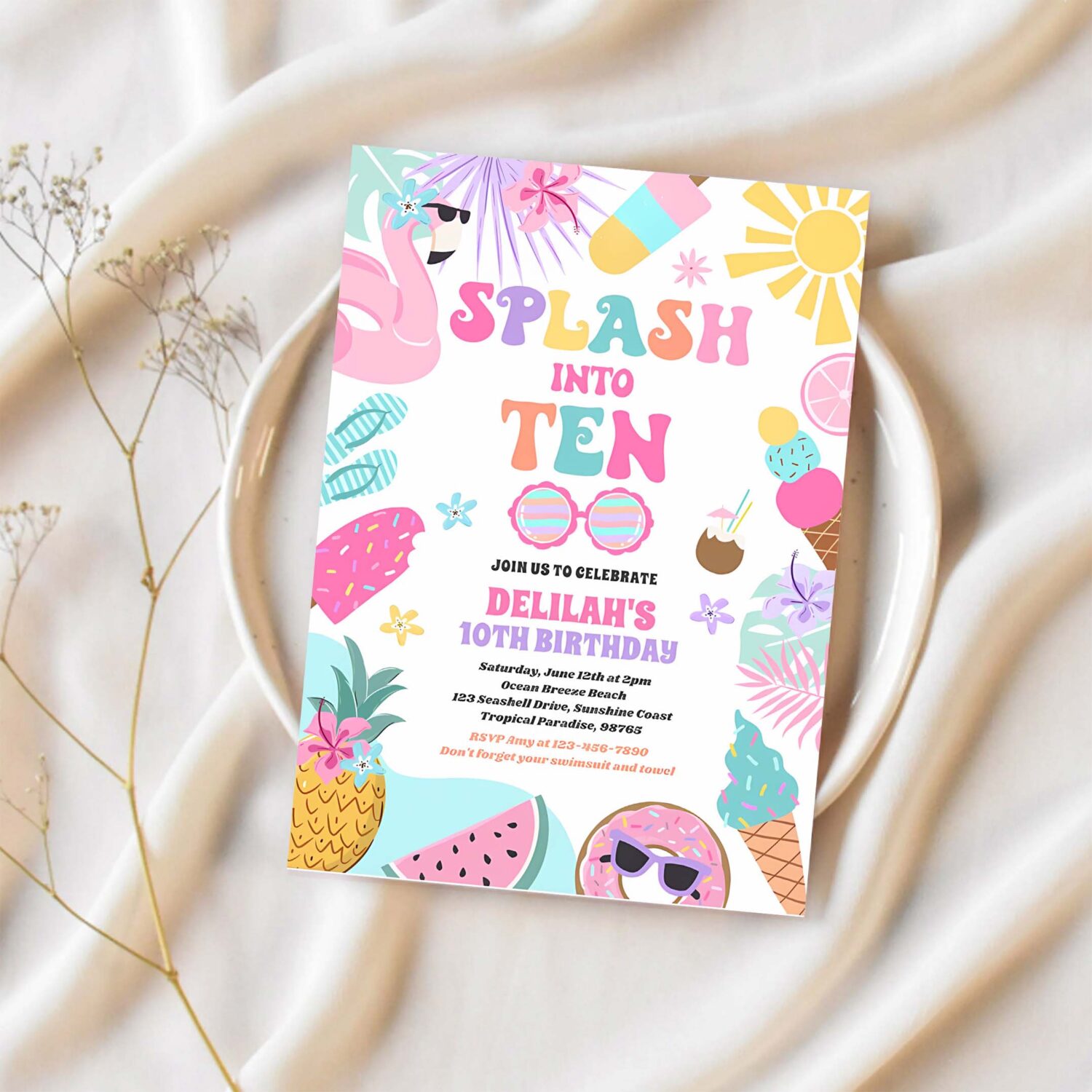 Splash into ten tropical beach 10th birthday party invitation d45n 1