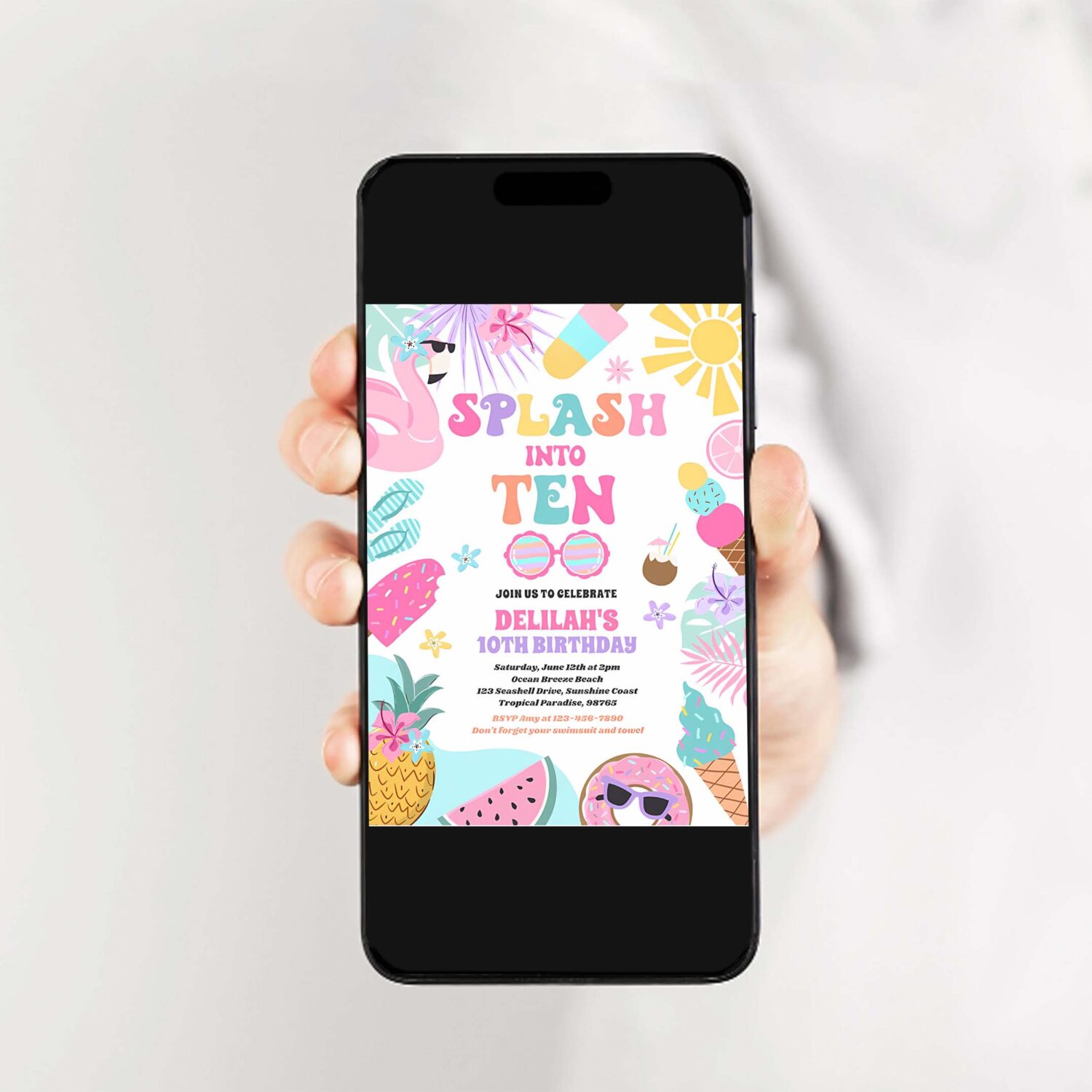 Splash into ten tropical beach 10th birthday party invitation d45n 2