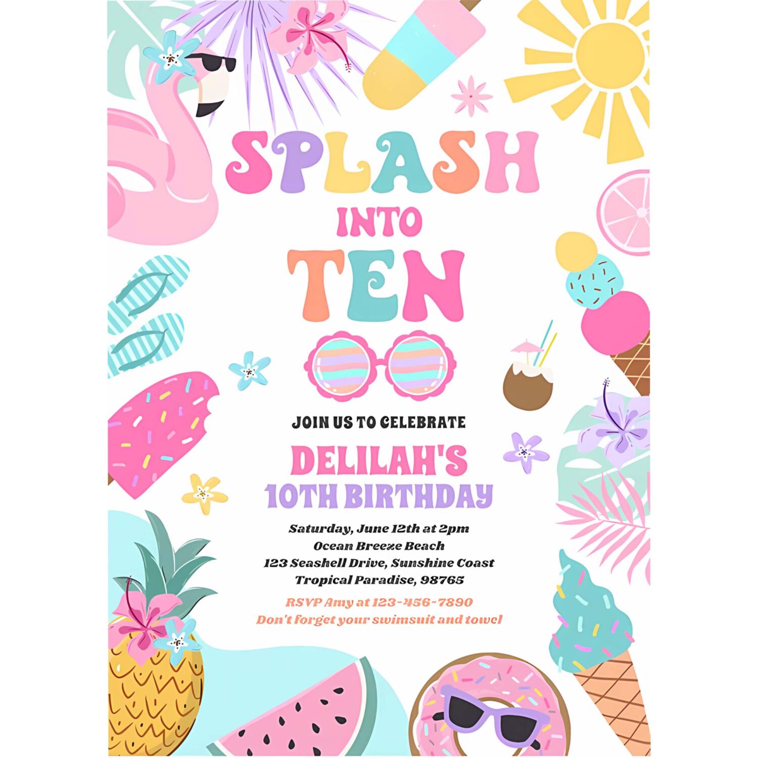 Splash into ten tropical beach 10th birthday party invitation d45n 4